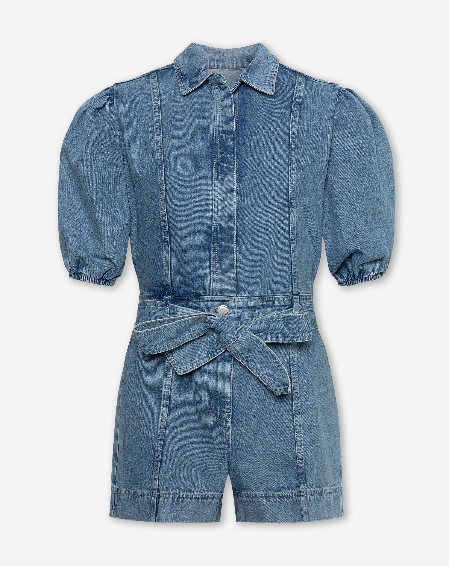 DENIM PUFF SLEEVE PLAYSUIT MID BLAUW