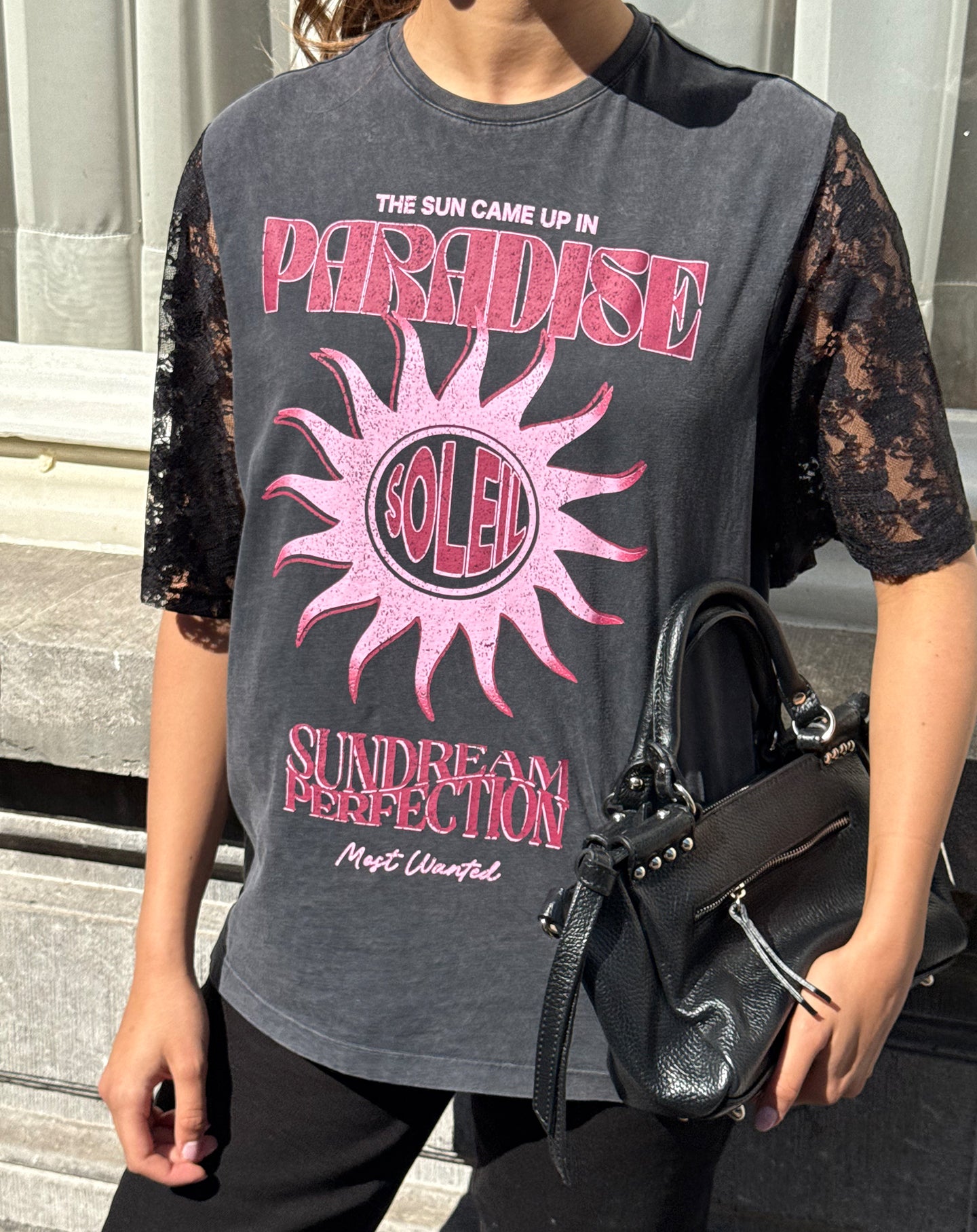 SUNDREAM LACE SLEEVE TEE ACID GREY