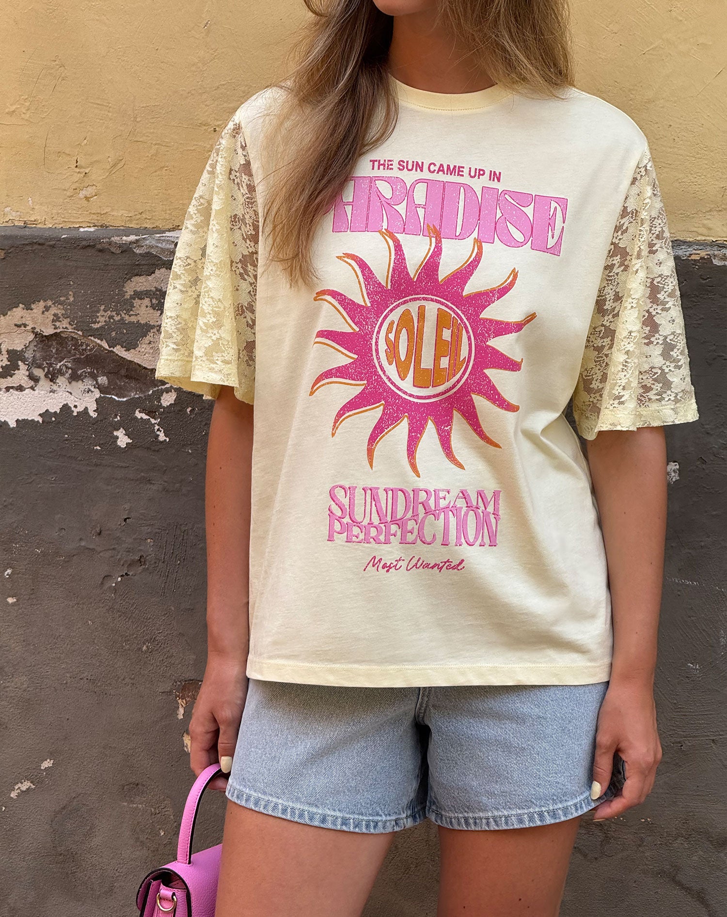 SUNDREAM LACE SLEEVE TEE BUTTER YELLOW