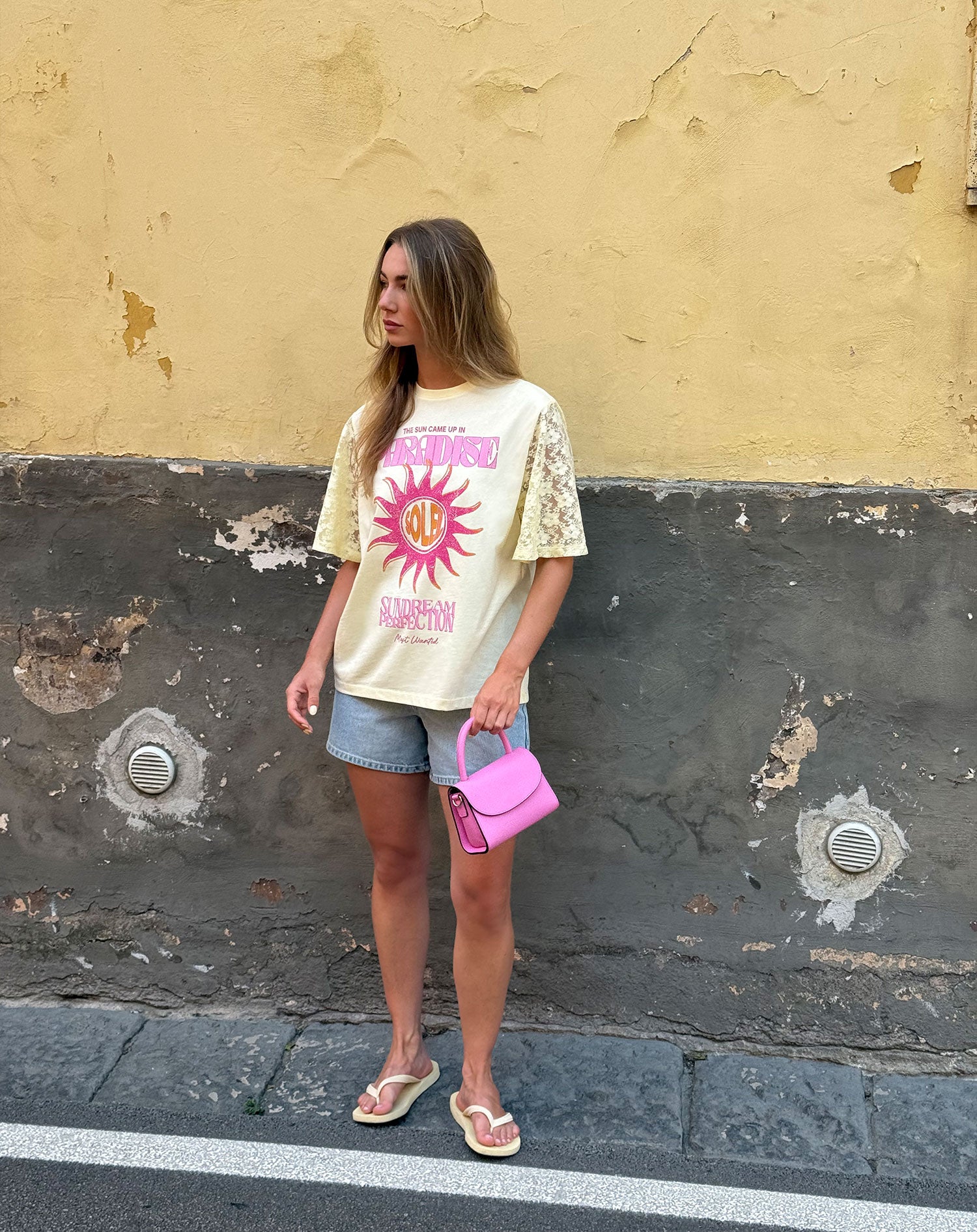 SUNDREAM LACE SLEEVE TEE BUTTER YELLOW