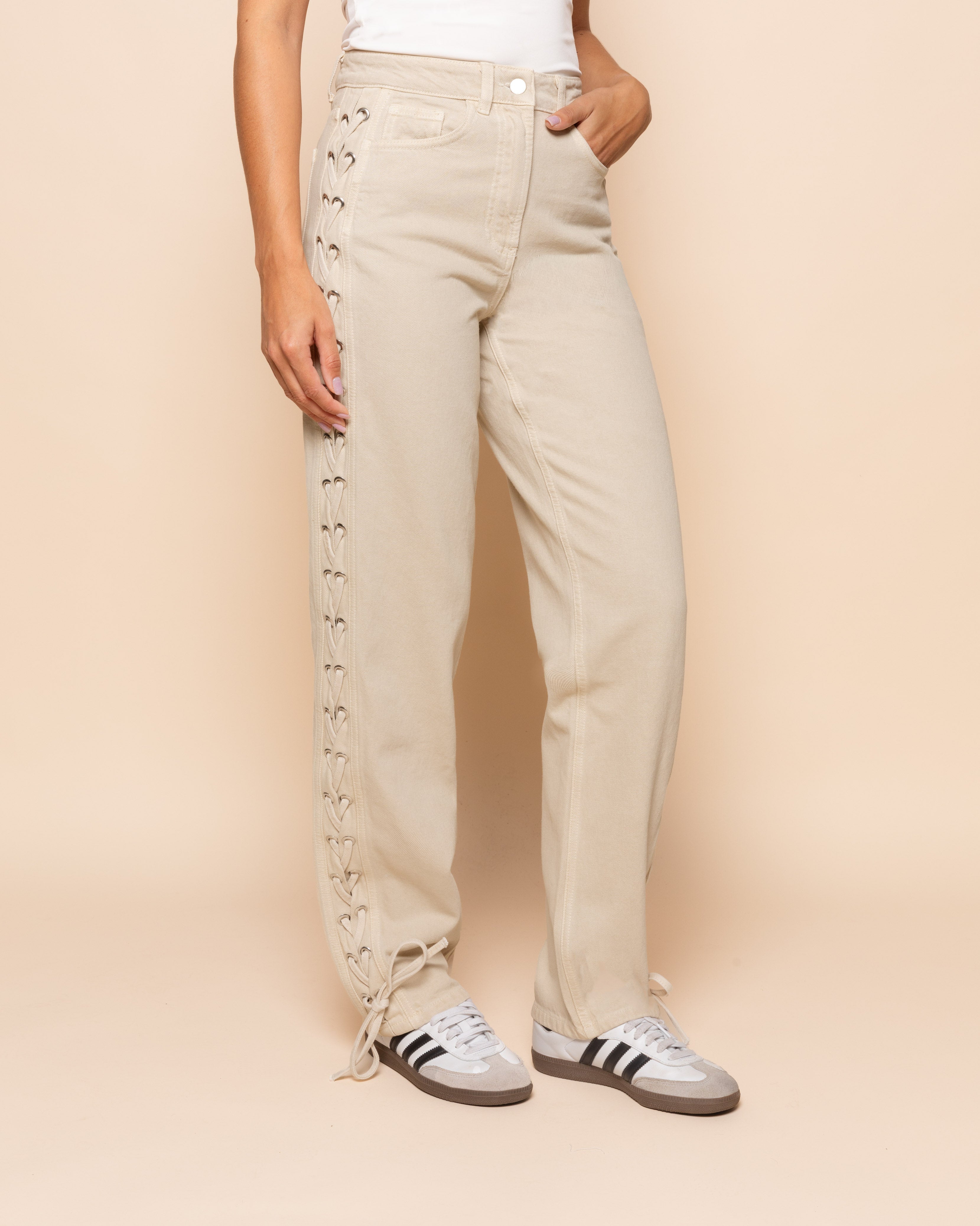 SIDE LACE UP JEANS BEIGE