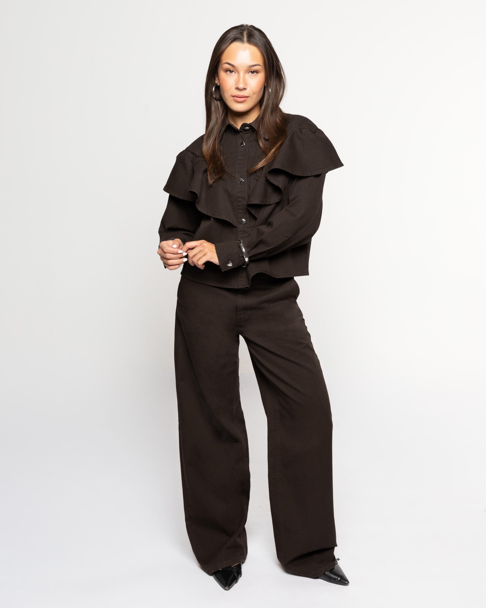 FLOWY DENIM WIDE LEG JEANS BROWN