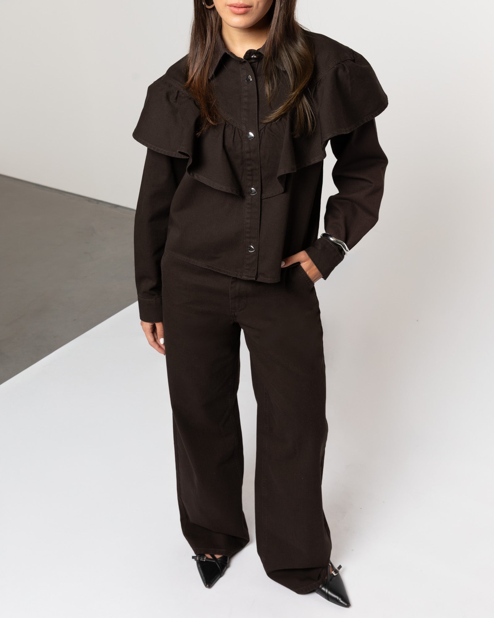 FLOWY DENIM WIDE LEG JEANS BROWN