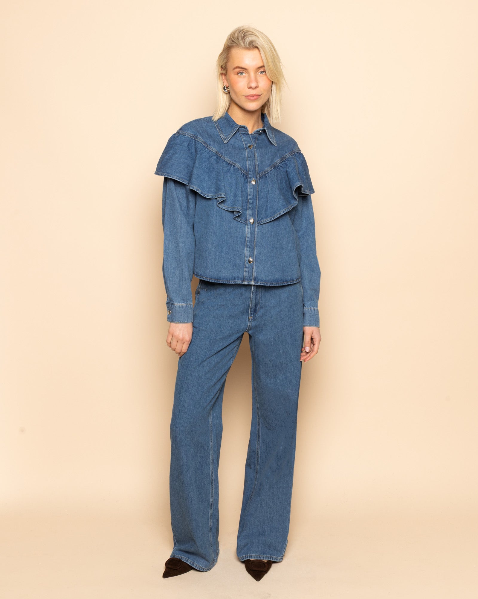 FLOWY DENIM WIDE LEG JEANS MID BLAUW