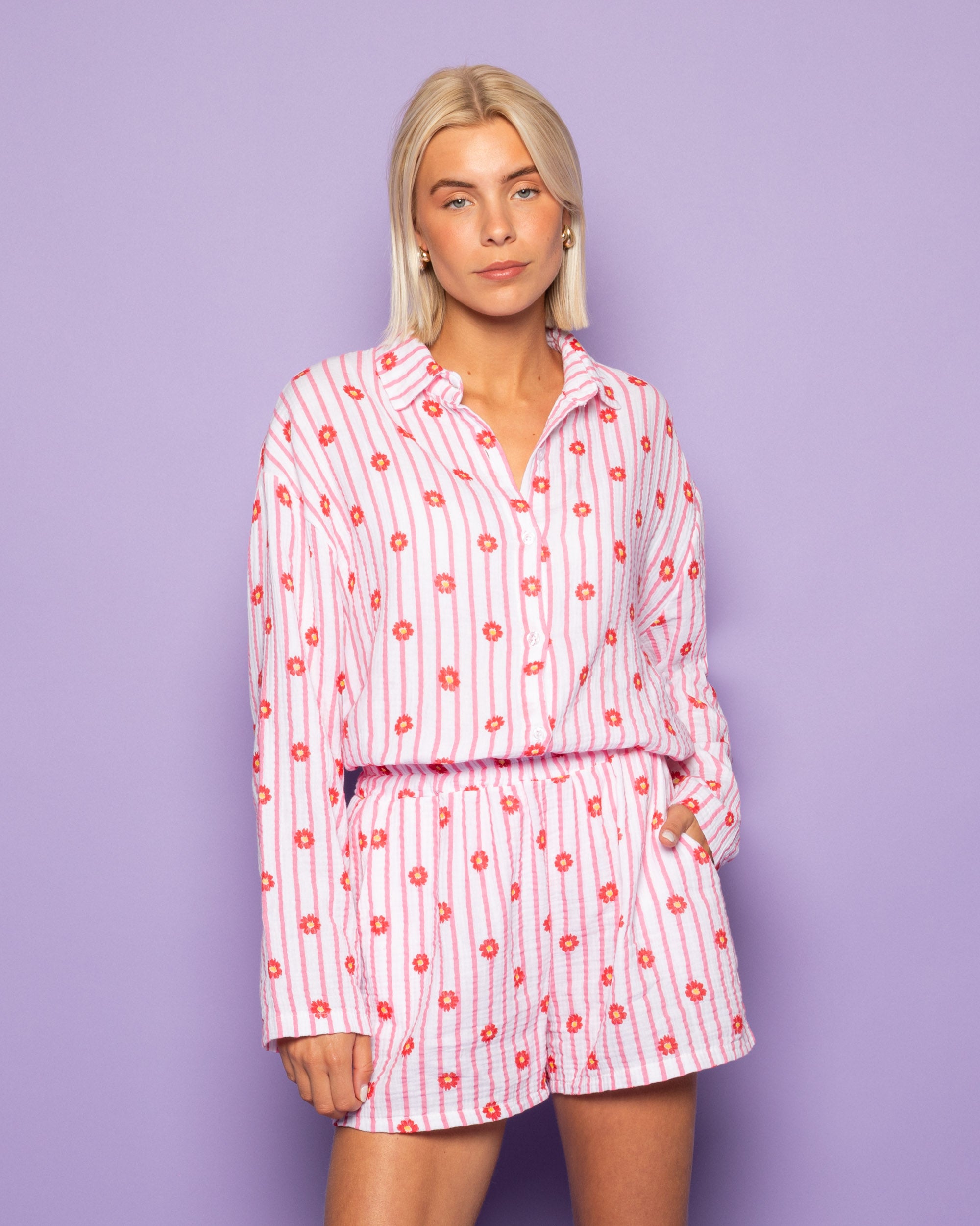 FLOWER STRIPE MOUSSELINE SHORTS PINK