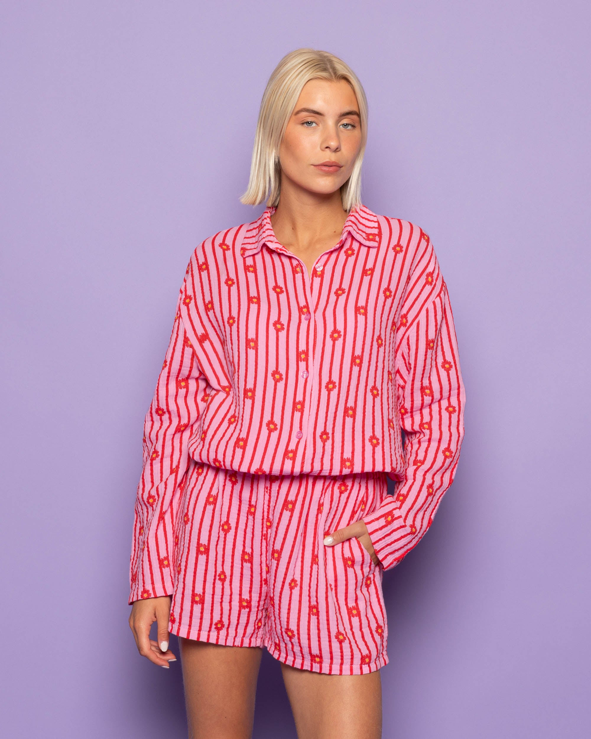 FLOWER STRIPE MOUSSELINE SHORTS RED