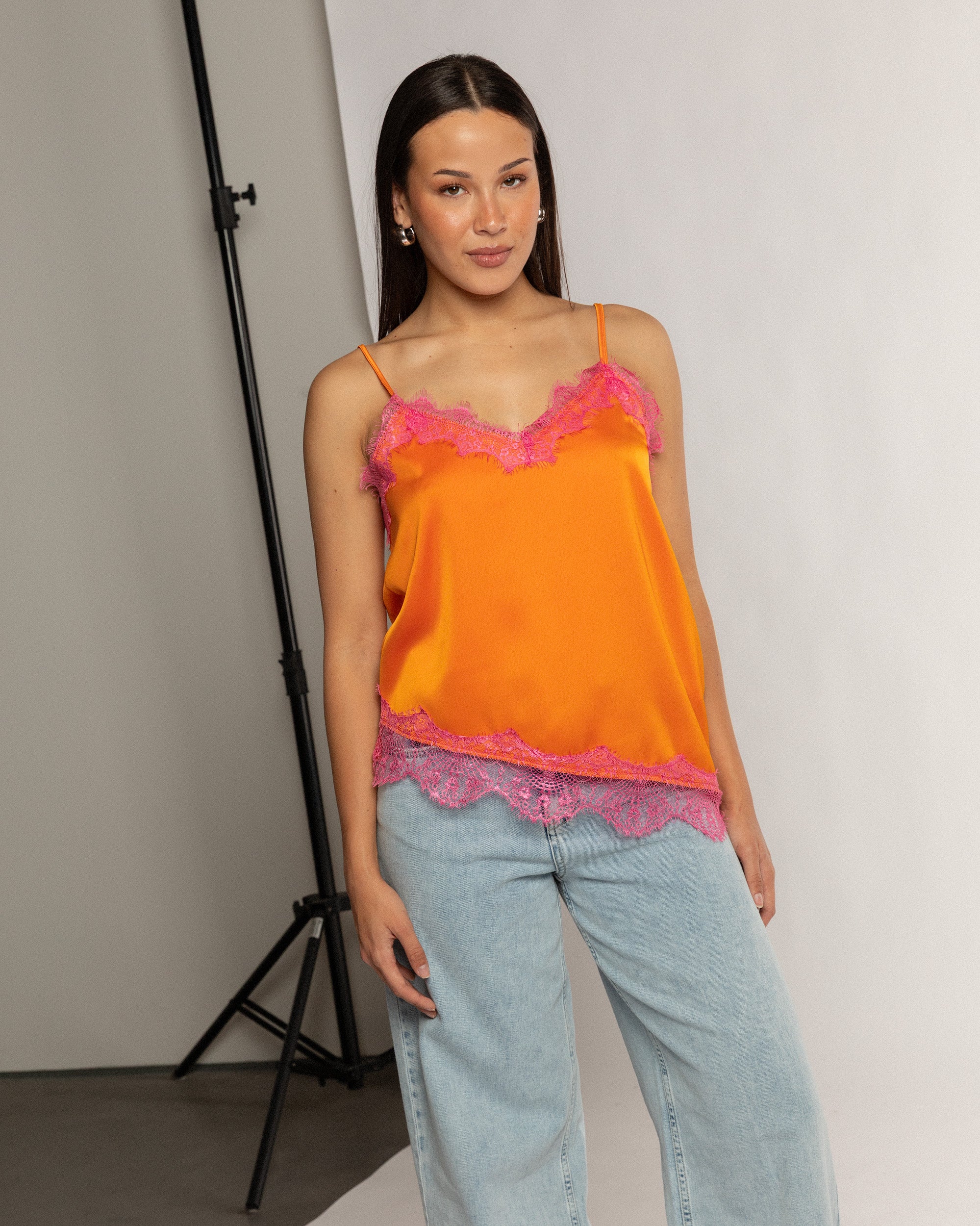 ASYMMETRIC SATIN LACE CAMI TOP ORANGE