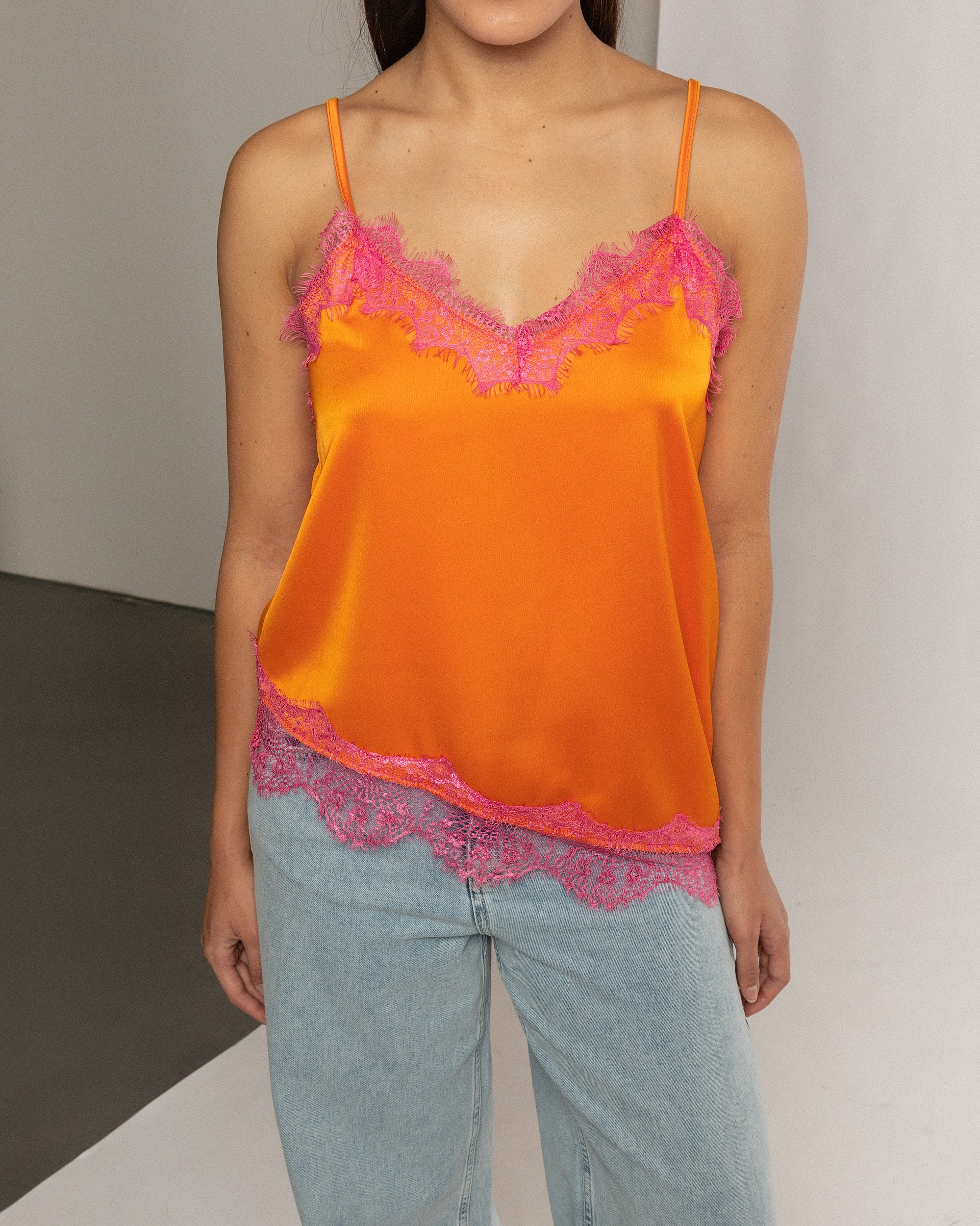 ASYMMETRIC SATIN LACE CAMI TOP ORANGE