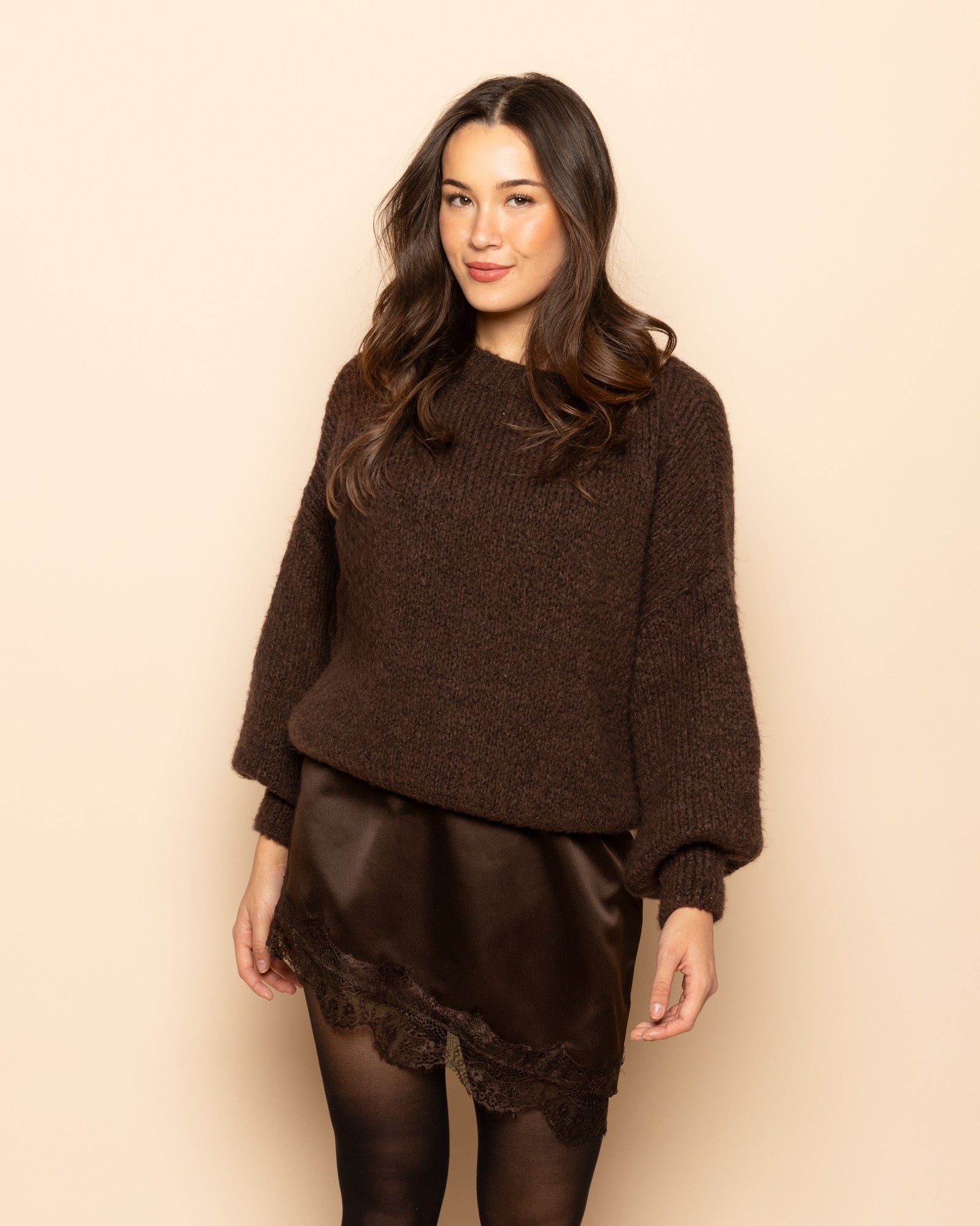 ASYMMETRIC SATIN LACE SKIRT BROWN