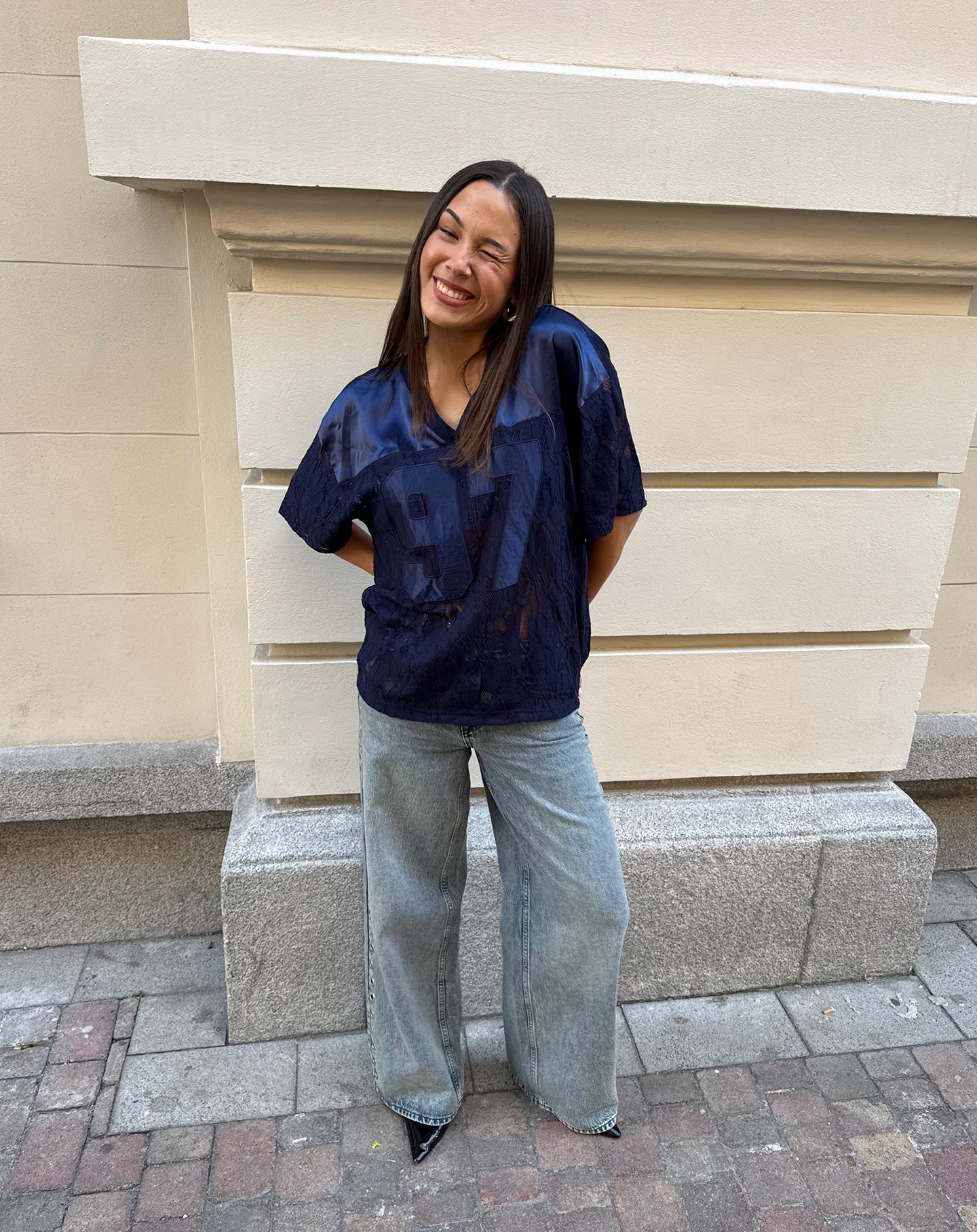 97 SATIN LACE OVERSIZED TEE NAVY