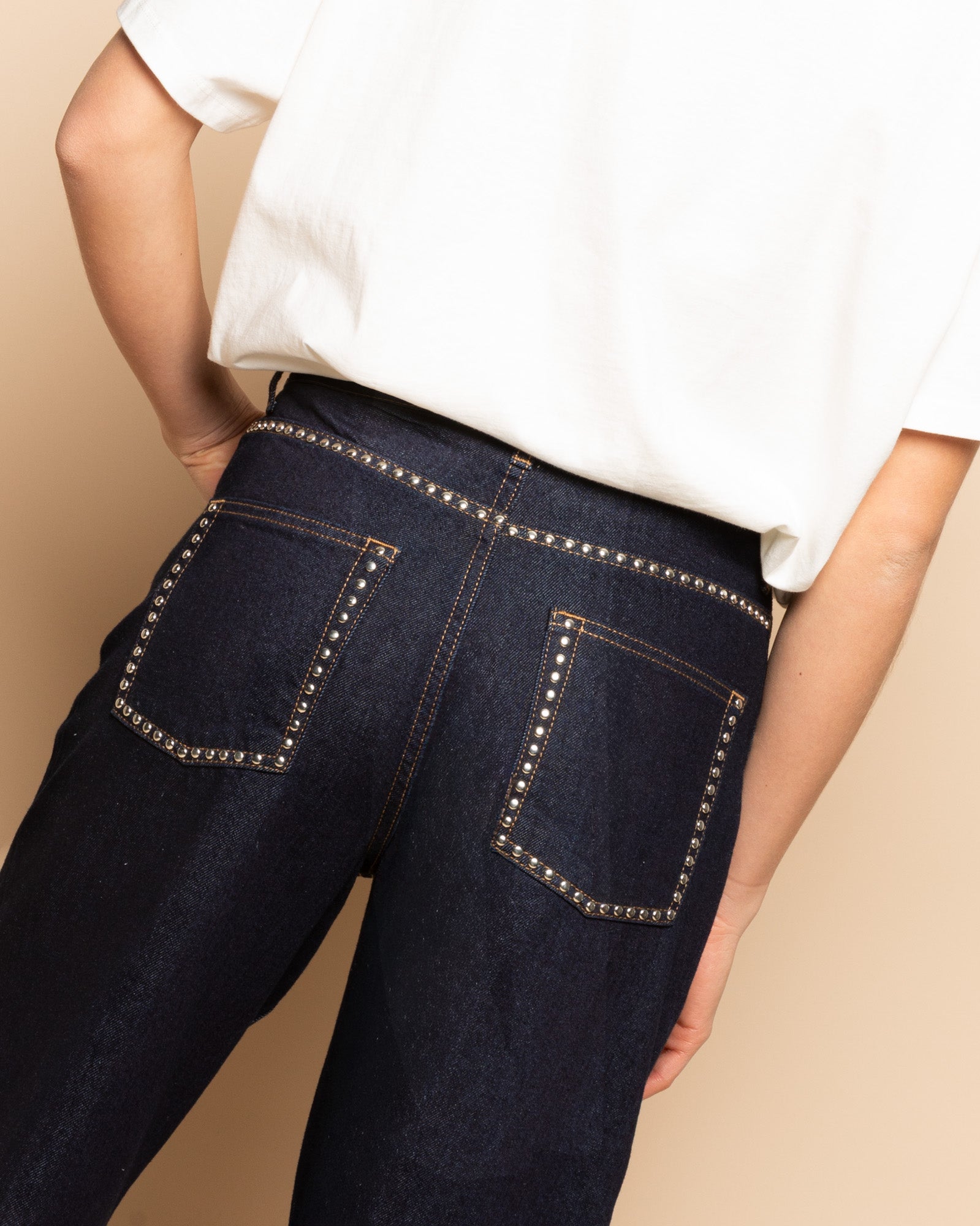 LIA STUD WIDE LEG JEANS DONKERBLAUW