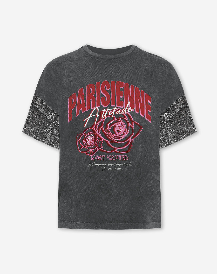 PARISIENNE SEQUIN SLEEVE TEE ACID GRIJS