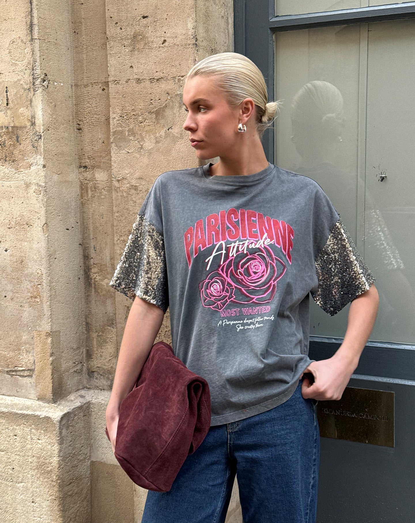 PARISIENNE SEQUIN SLEEVE TEE ACID GREY