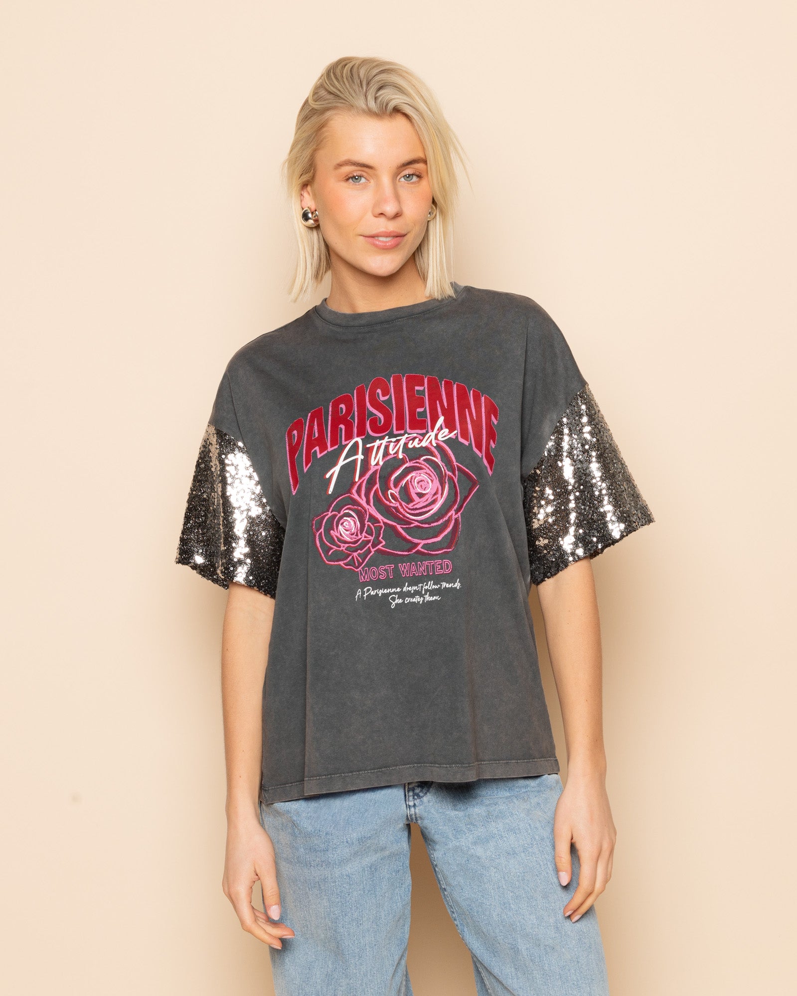 PARISIENNE SEQUIN SLEEVE TEE ACID GREY