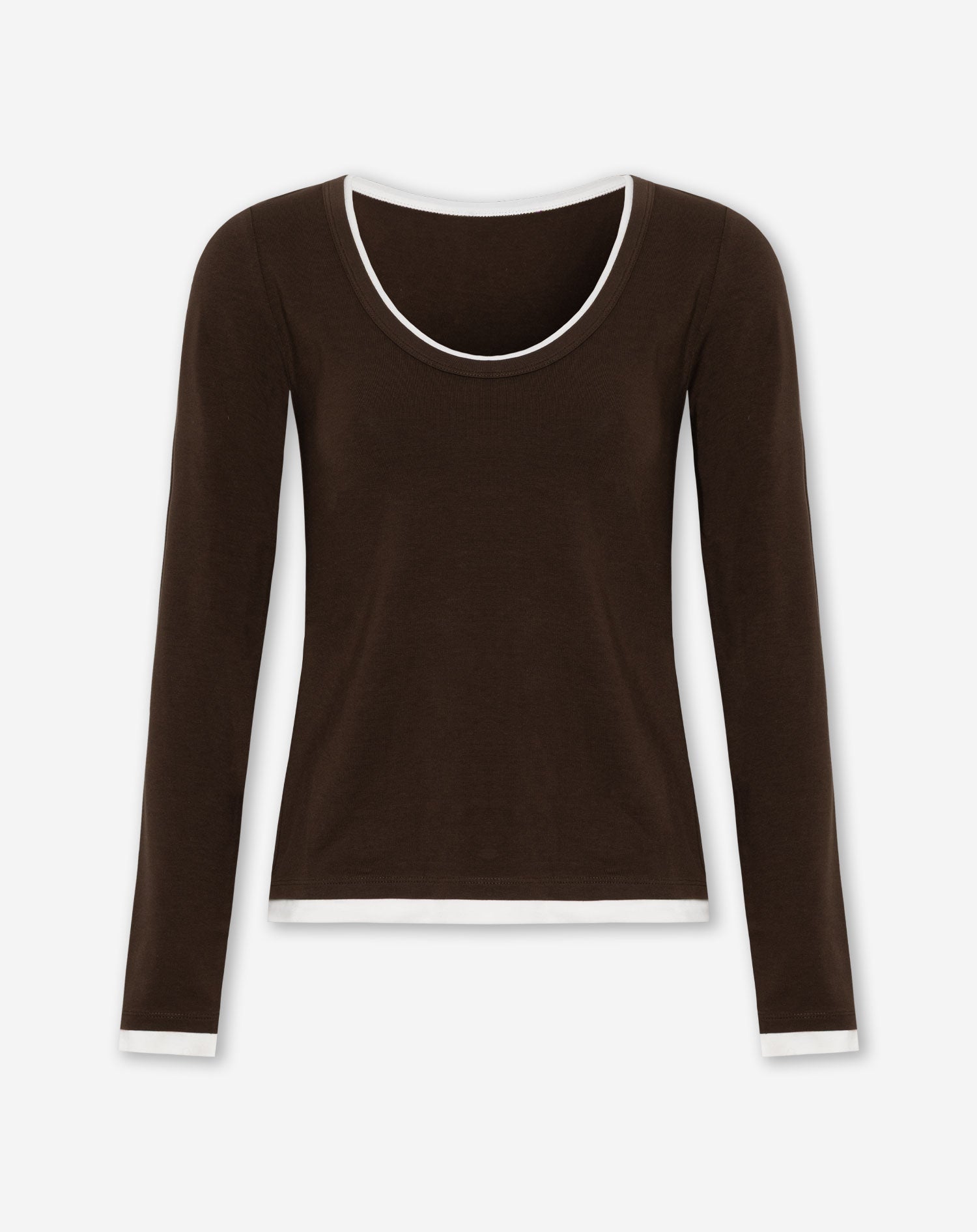 CONTRAST BINDING LONG SLEEVE TOP BROWN