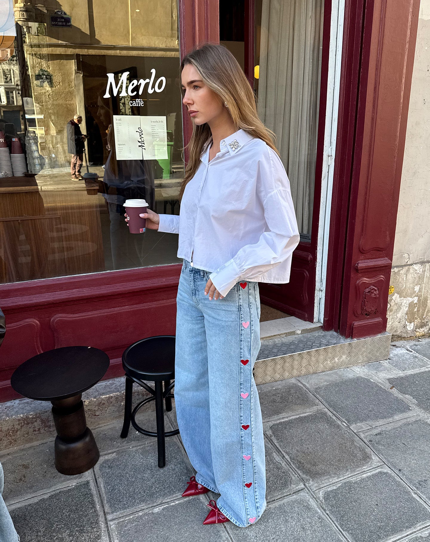 SIDE HEART WIDE LEG JEANS ROOD ROZE