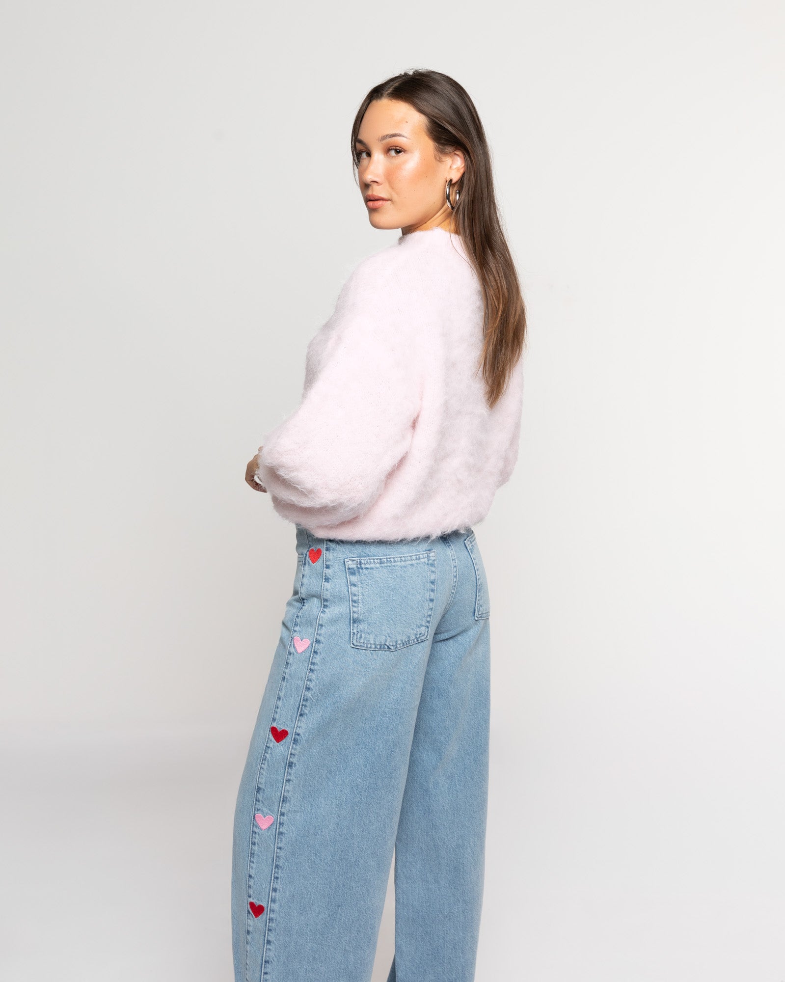 SIDE HEART WIDE LEG JEANS RED PINK