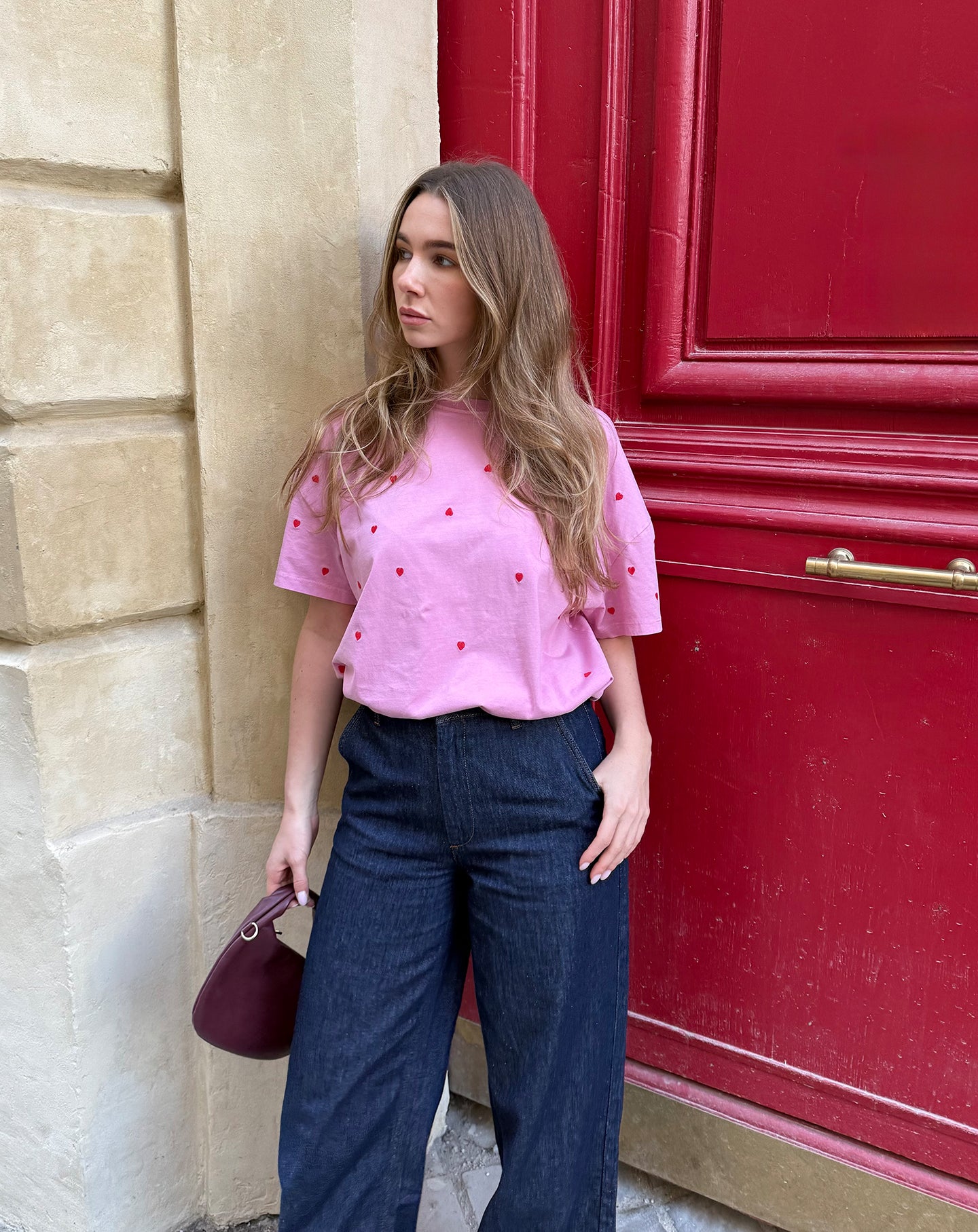 HEART EMBROIDERY OVERSIZED TEE ACID ROZE