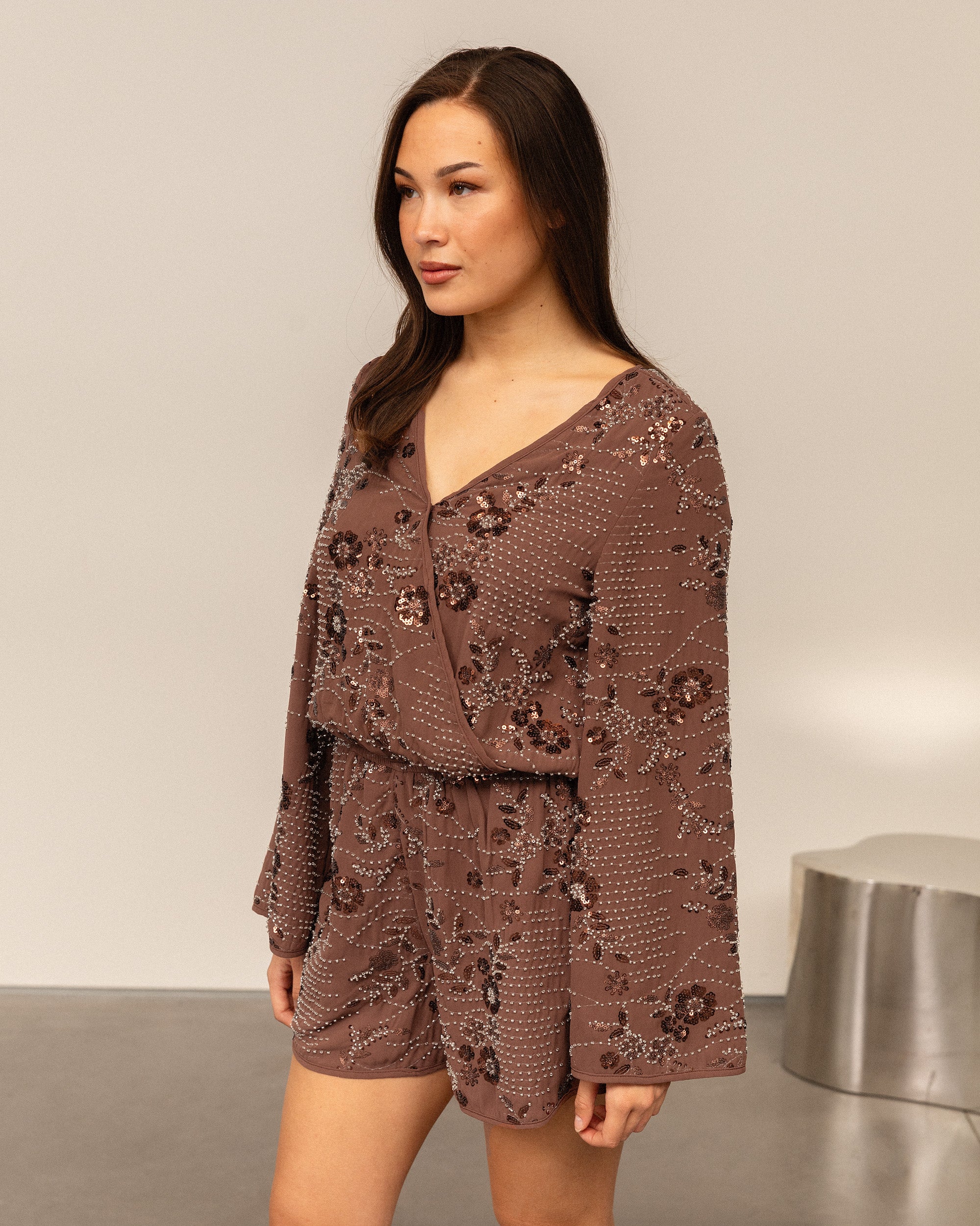 FEM FLOWER SEQUIN PLAYSUIT BROWN