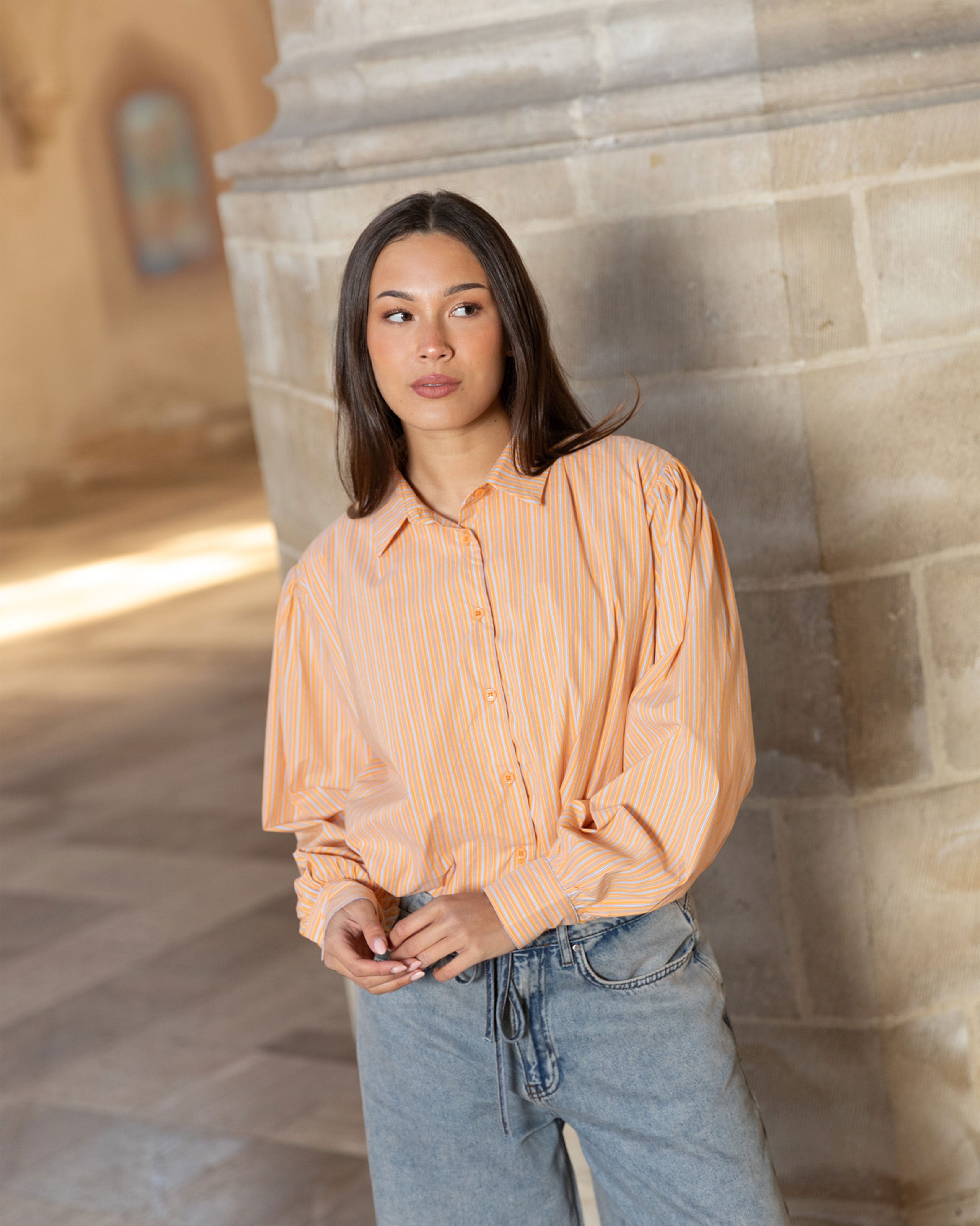 BUBBLE HEM BLOUSE ORANGE STRIPE