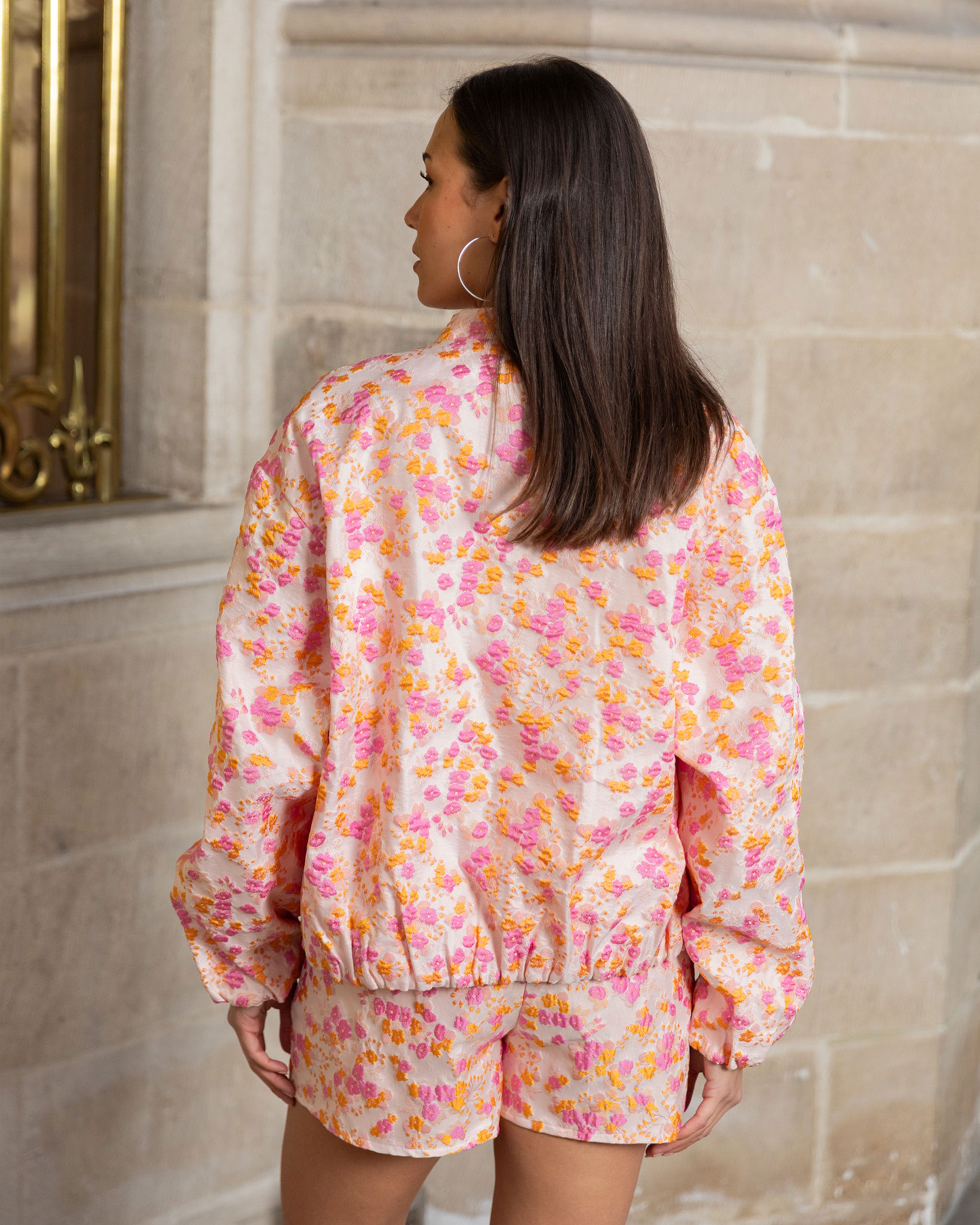 FLOWER JACQUARD BOMBER ORANJE ROZE