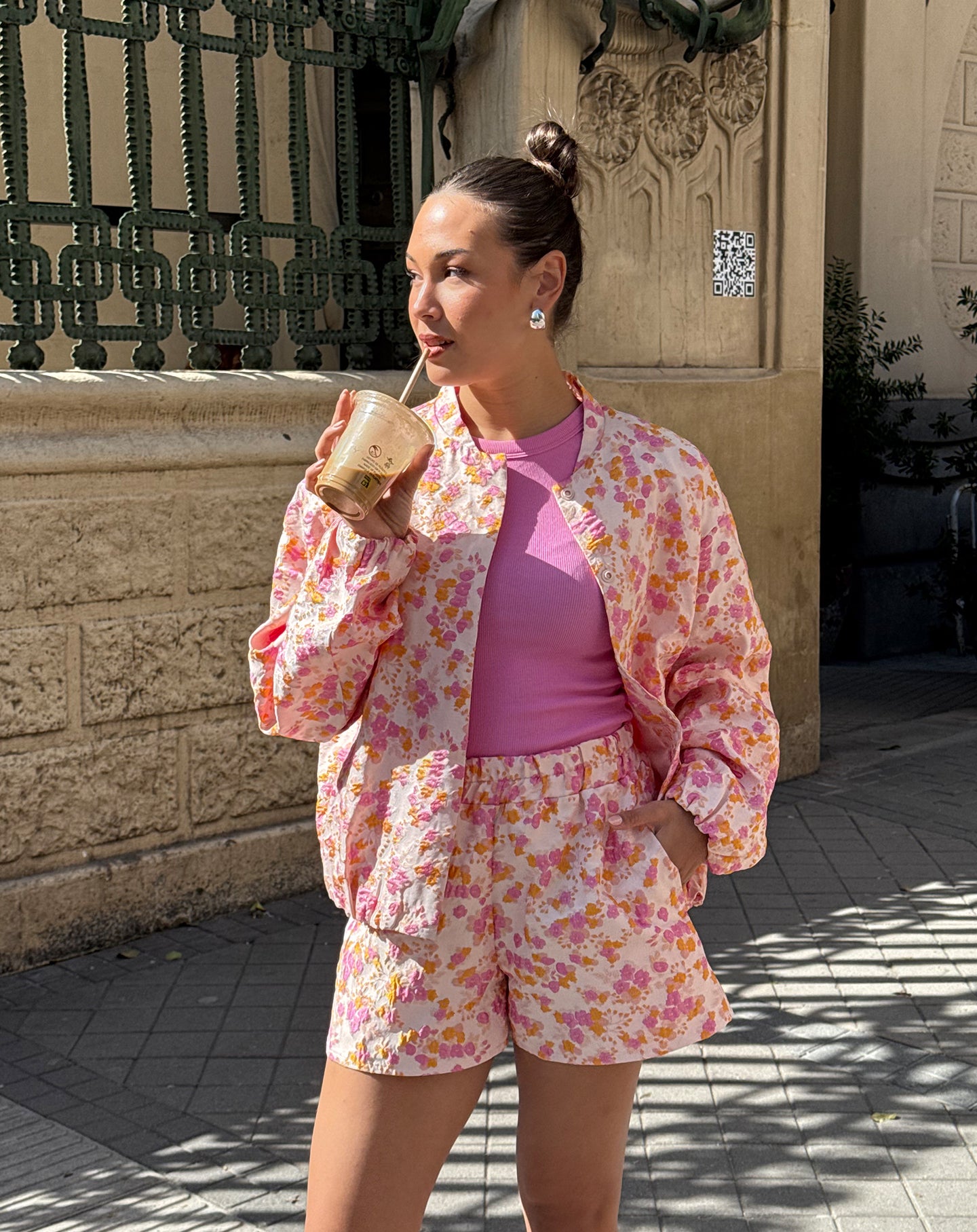 FLOWER JACQUARD SHORTS ORANJE ROZE