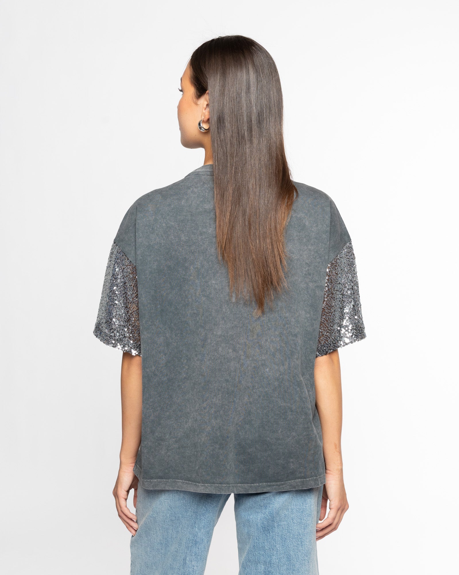 SOMEWHERE SEQUIN SLEEVE TEE ACID GREY