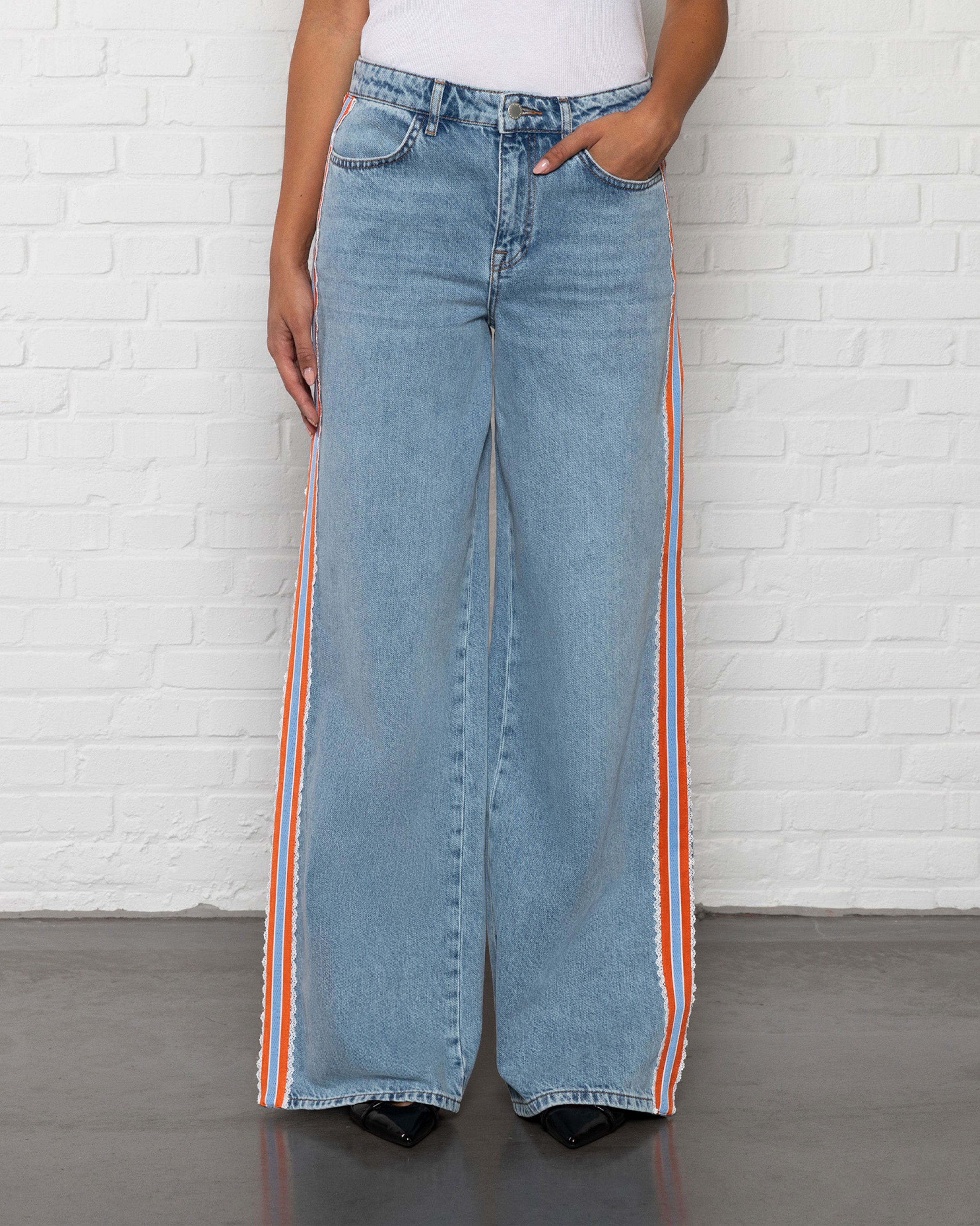 CROCHET TAPE WIDE LEG JEANS ORANGE