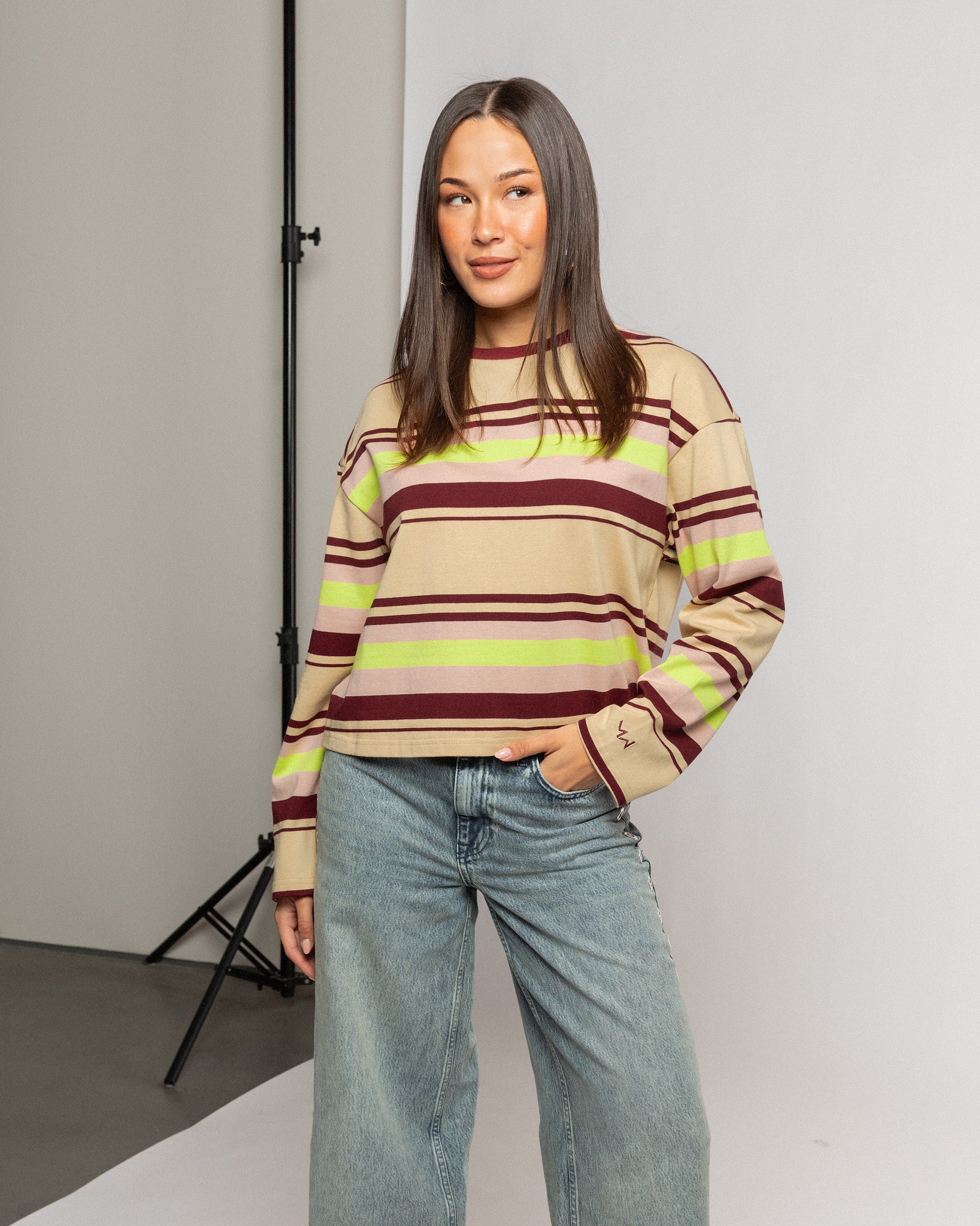 LAINA STRIPED LONG SLEEVE CROPPED TEE BURGUNDY