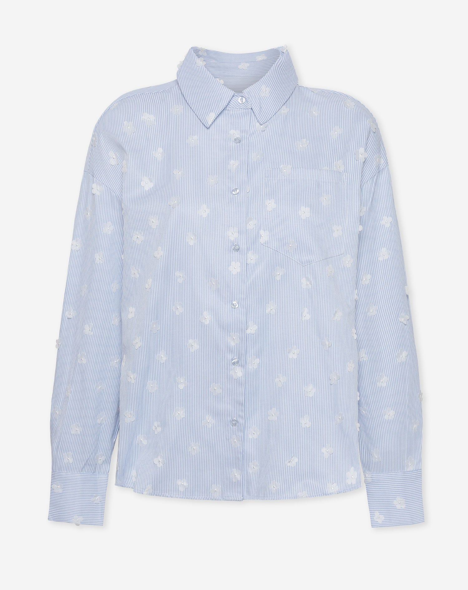 OVERSIZED FLOWER EMBELLISHED STRIPE BLOUSE BLAUW