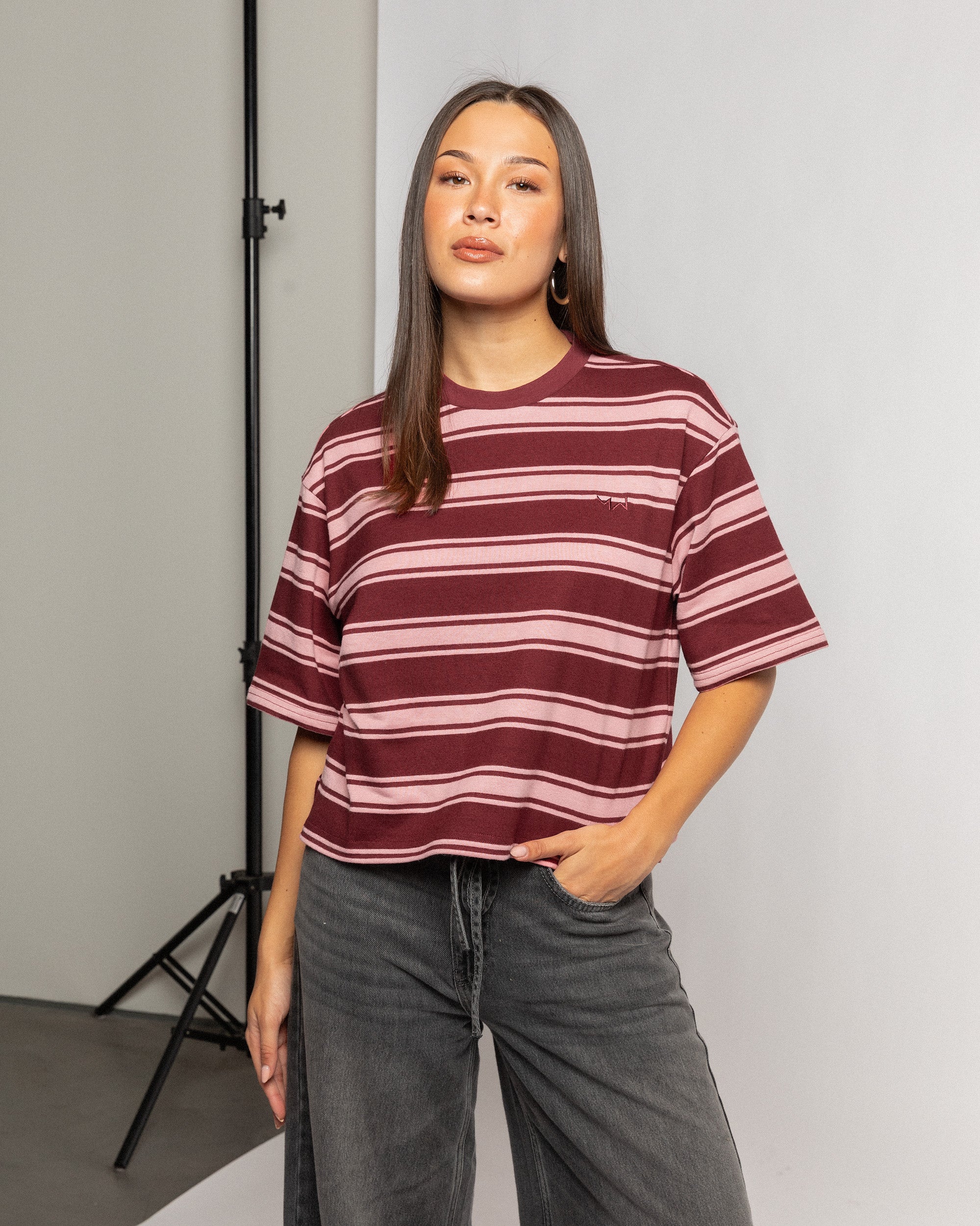 NELINE STRIPED SHORT SLEEVE CROPPED TEE BURGUNDY
