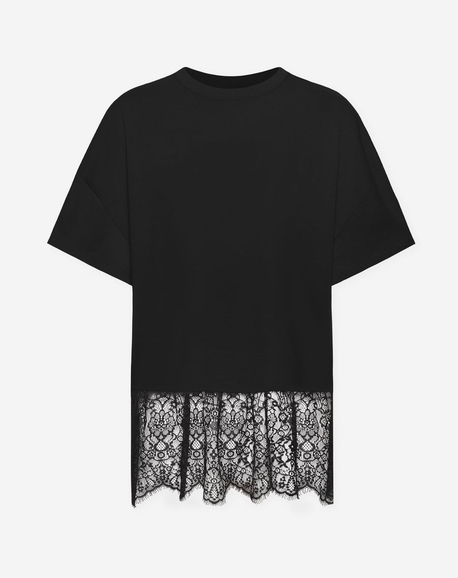 LACE RUFFLE OVERSIZED TEE ZWART