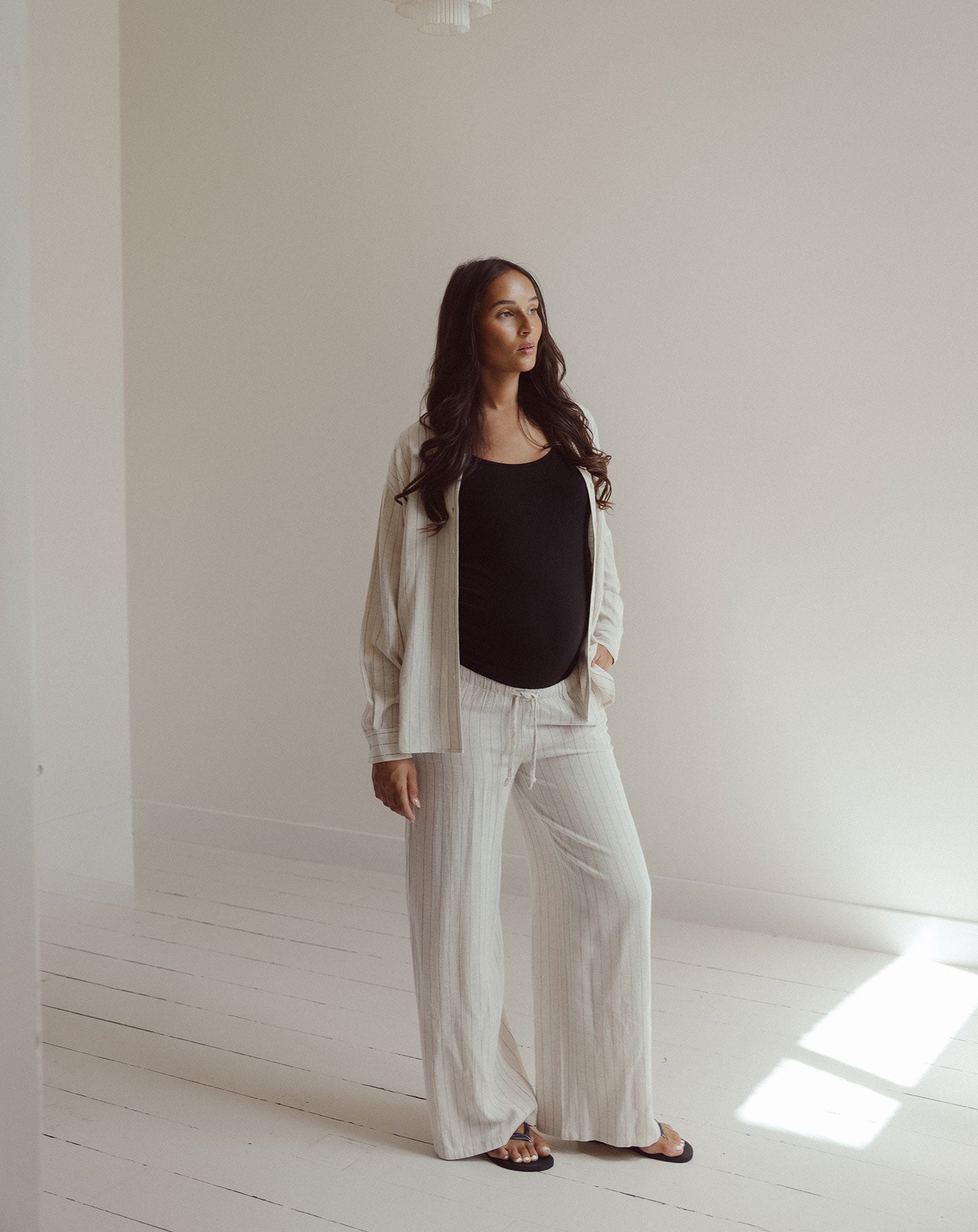 RHODE LINEN PULL ON PANTS MATERNITY PETITE PIN STRIPE BEIGE