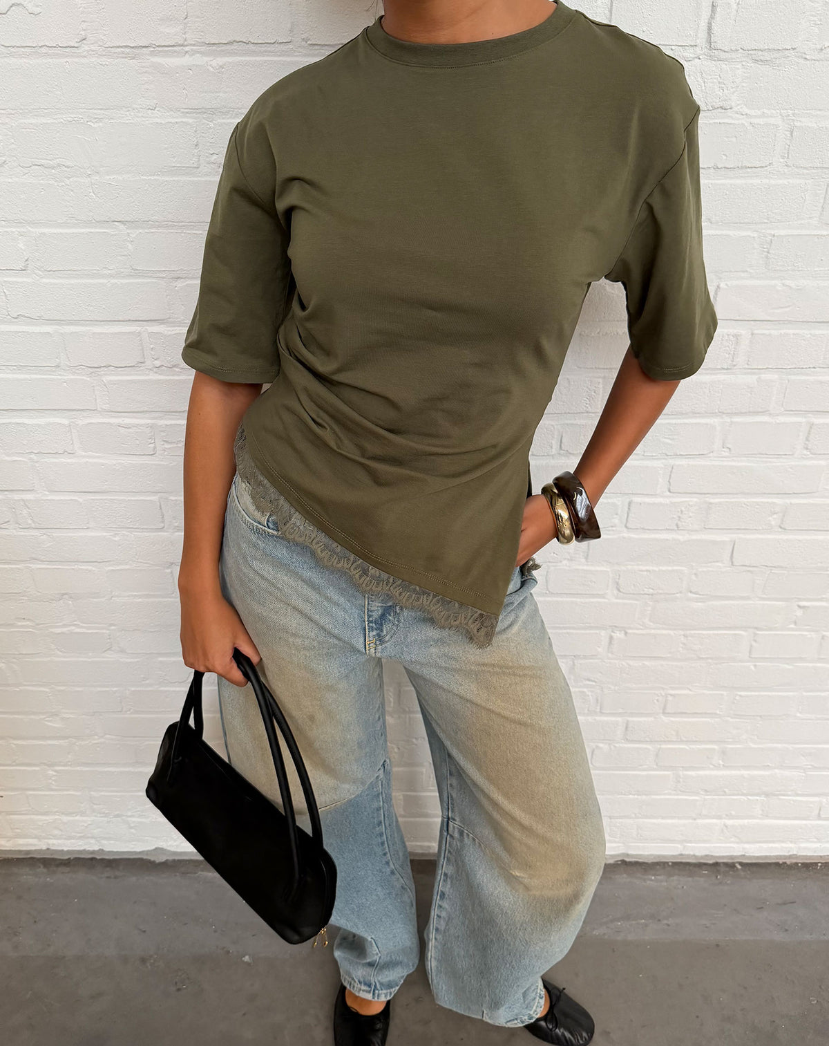 PLEATED LACE BOTTOM SHORT SLEEVE TOP DARK OLIVE GREEN