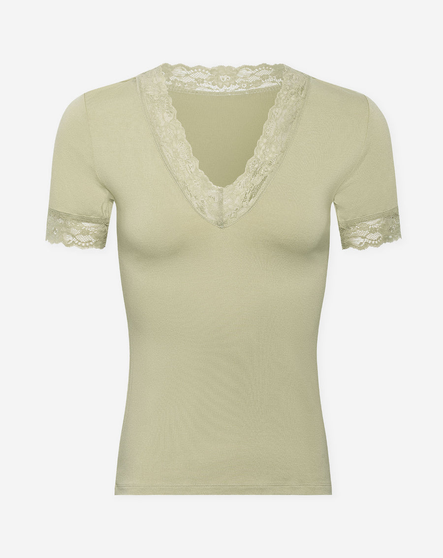 LACE VNECK SHORT SLEEVE TOP PISTACHE