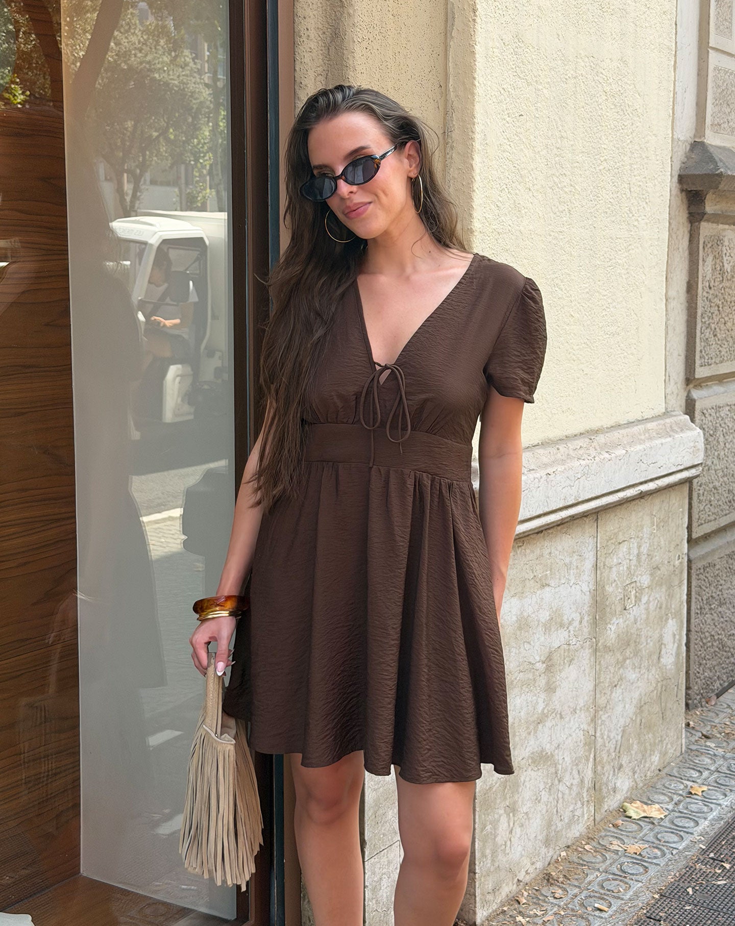 LUX V NECK DRESS BROWN
