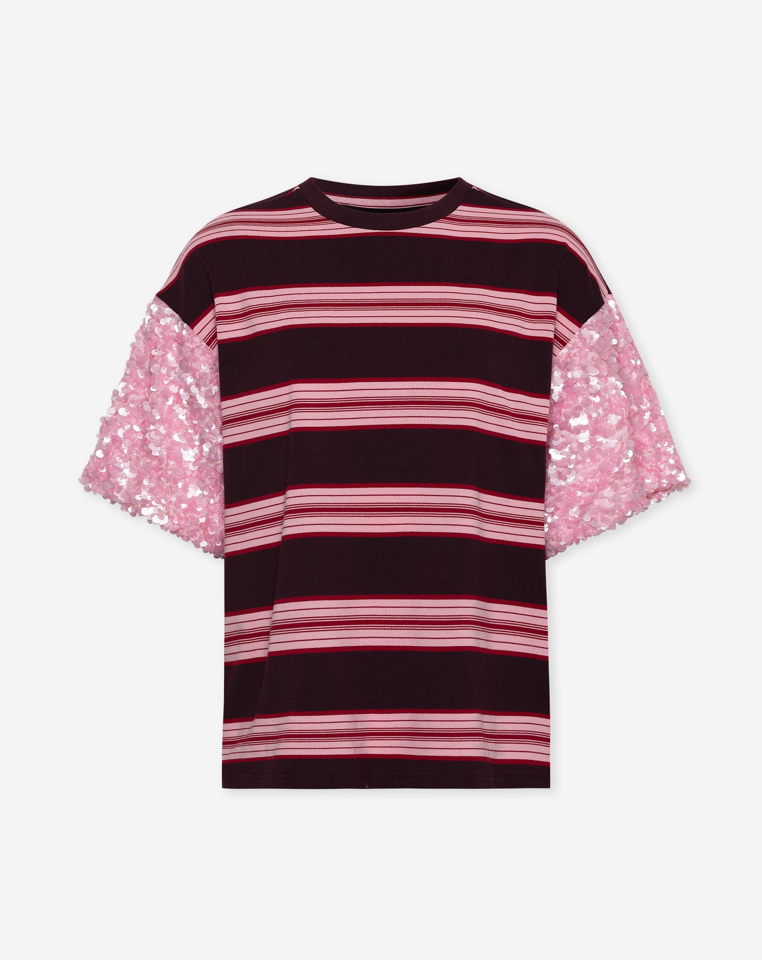 MIKI SEQUIN SLEEVE TEE STRIPED BURGUNDY