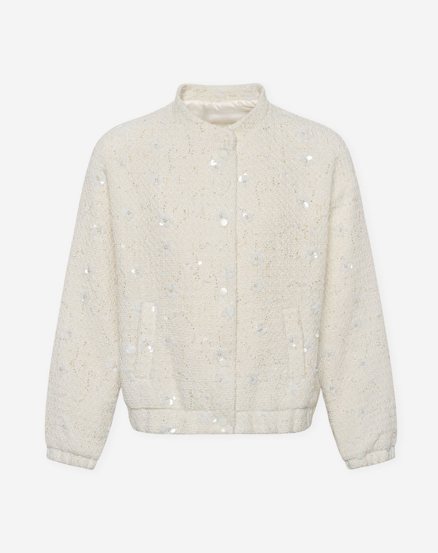 FLOWER SEQUIN BOUCLE BOMBER JACKET CRÈME