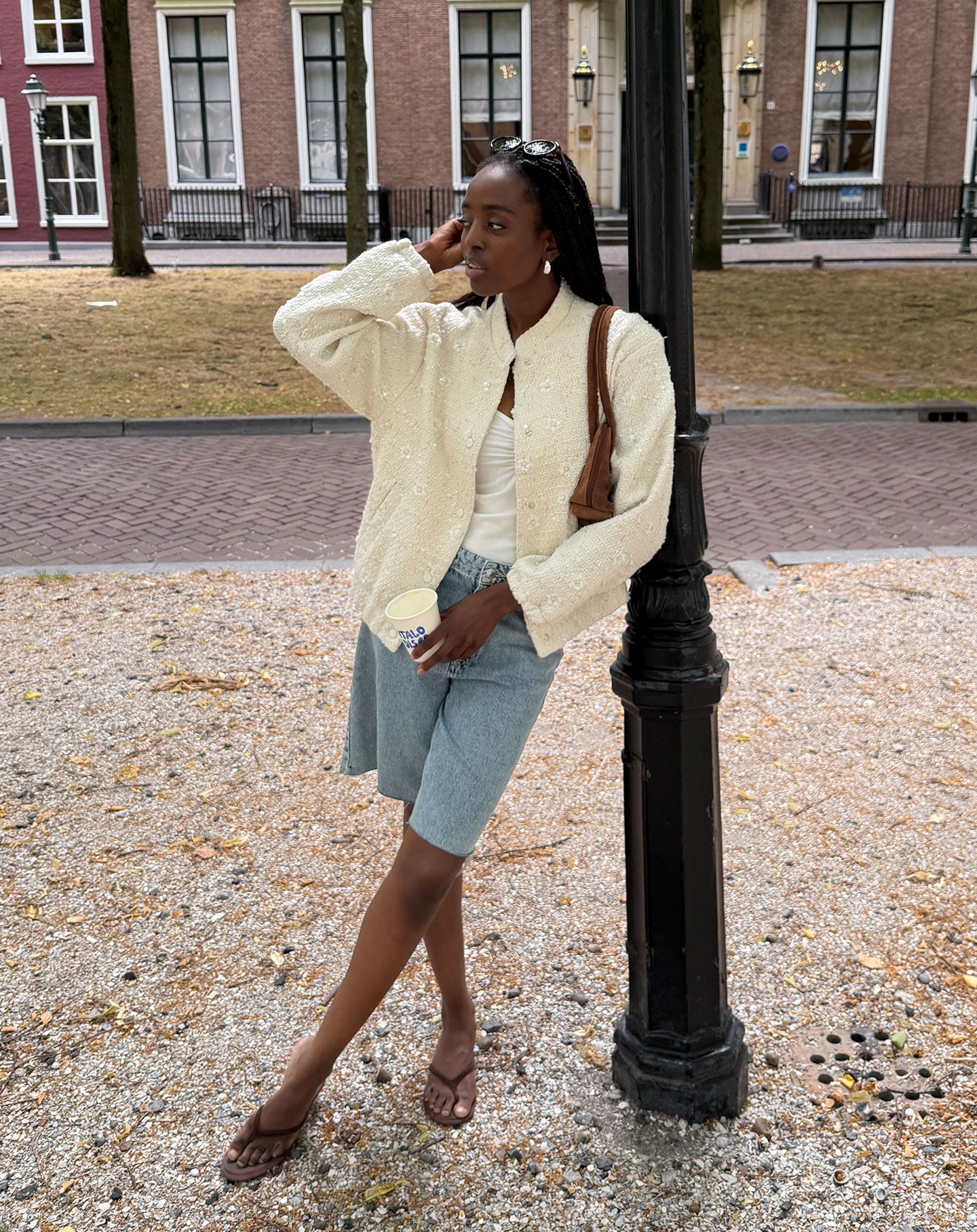 FLOWER SEQUIN BOUCLE BOMBER JACKET CRÈME