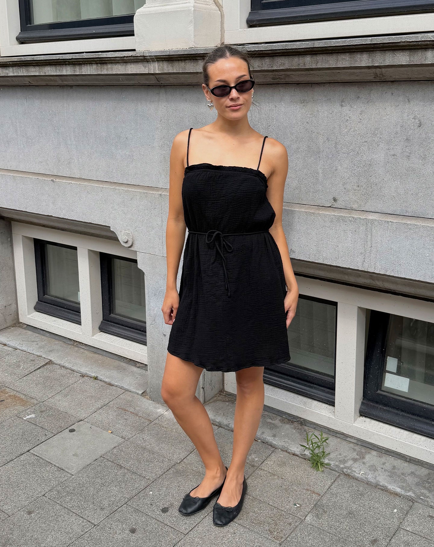 MOUSELINE SHORT STRAP DRESS BLACK