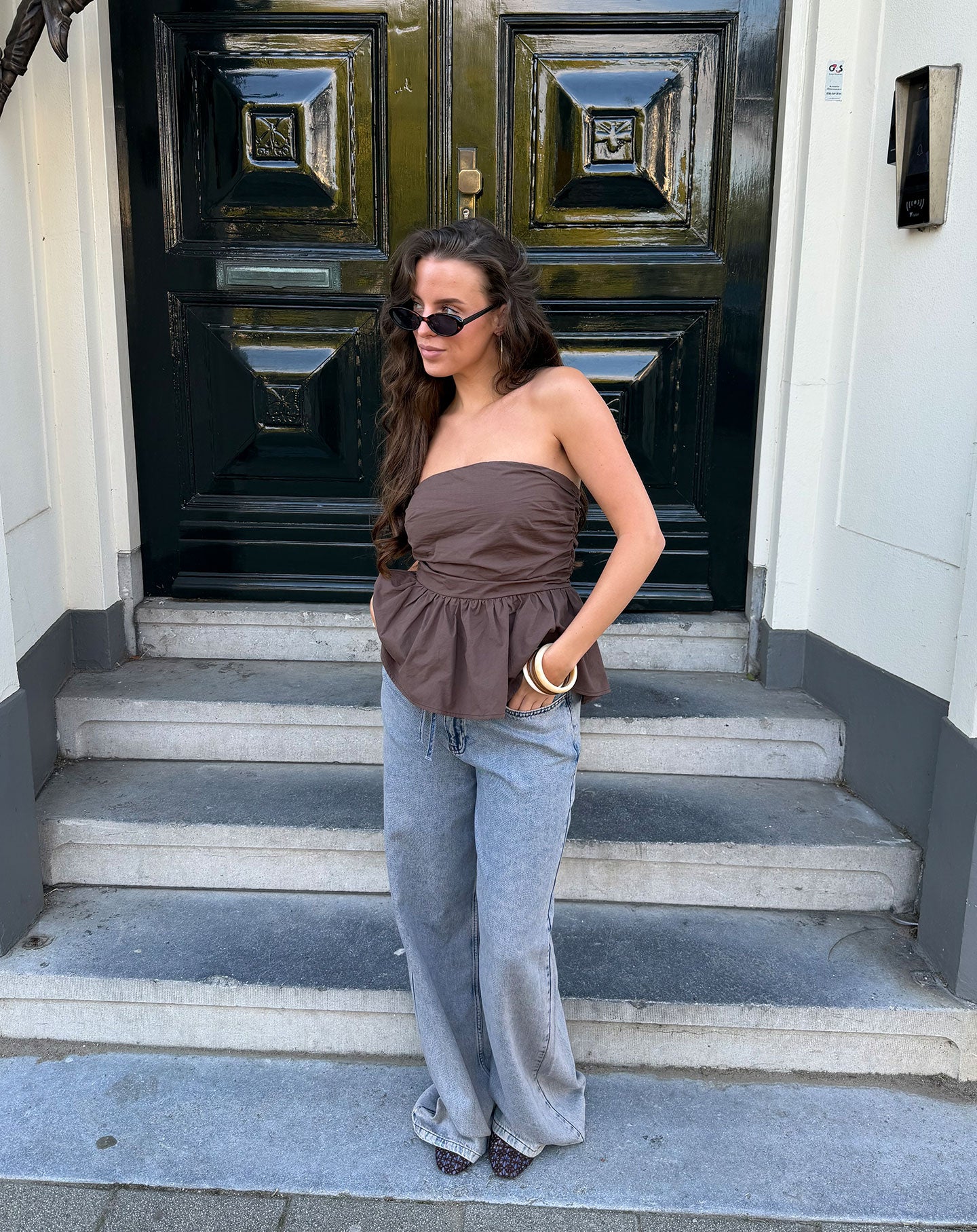 PEGGY POPLIN STRAPLESS PEPLUM TOP BRUIN