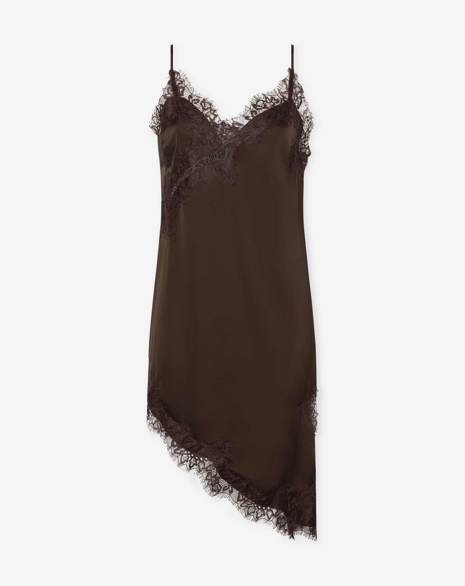 STACEY A-SYMMETRIC SATIN LACE SLIP DRESS BRUIN