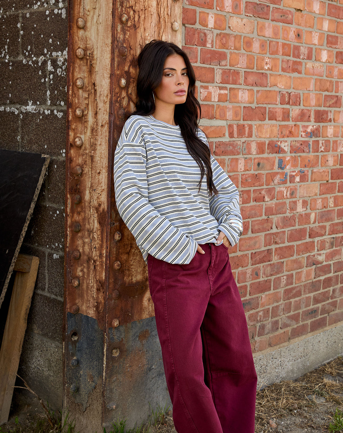 ELAINE STRIPED LONG SLEEVE OVERSIZED TEE GREY MELANGE