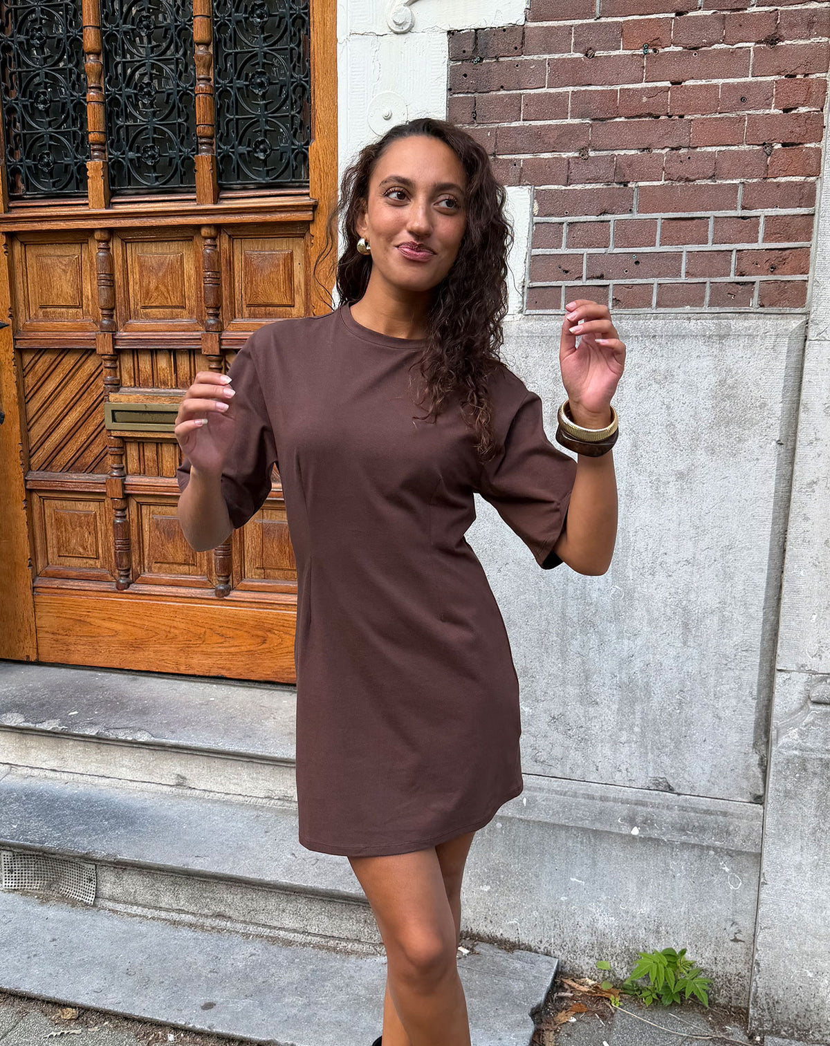 PLEATED SHORT SLEEVE DRESS BRUIN