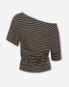 FITTED WAIST OFF SHOULDER STRIPE TEE DARK BROWN