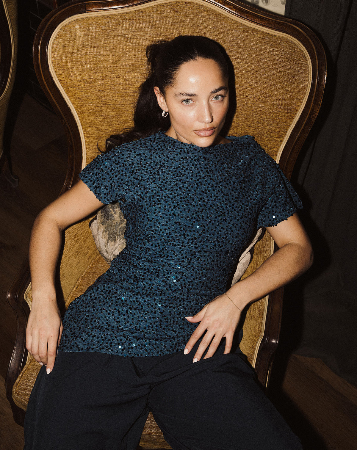 TAISA STRUCTURE SEQUINS ASYMMETRIC TOP TEAL