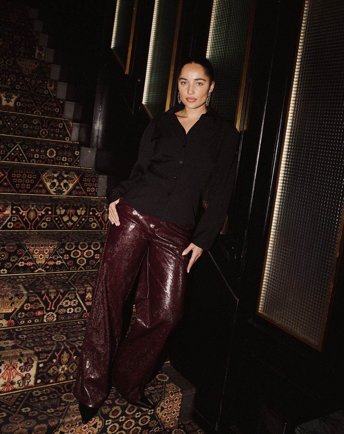 SHIVA FAUX SNAKE LEATHER PANTS PETITE BURGUNDY