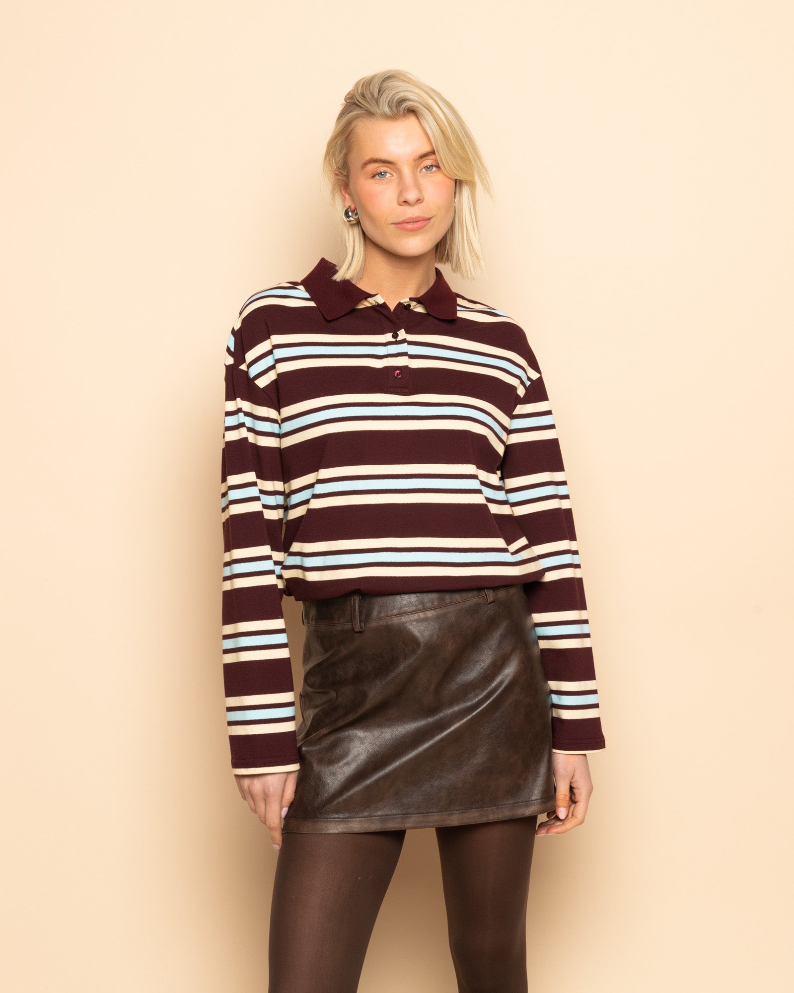 SHELLY STRIPED LONG SLEEVE OVERSIZED POLO BURGUNDY