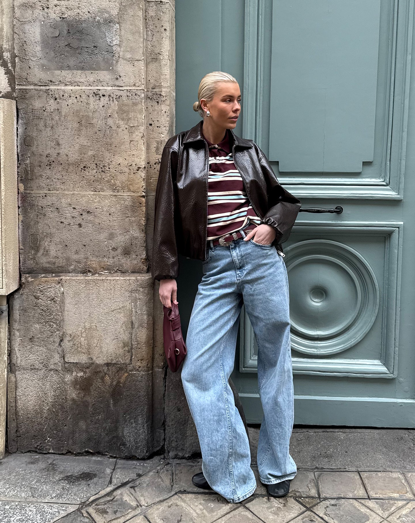 SHELLY STRIPED LONG SLEEVE OVERSIZED POLO BURGUNDY