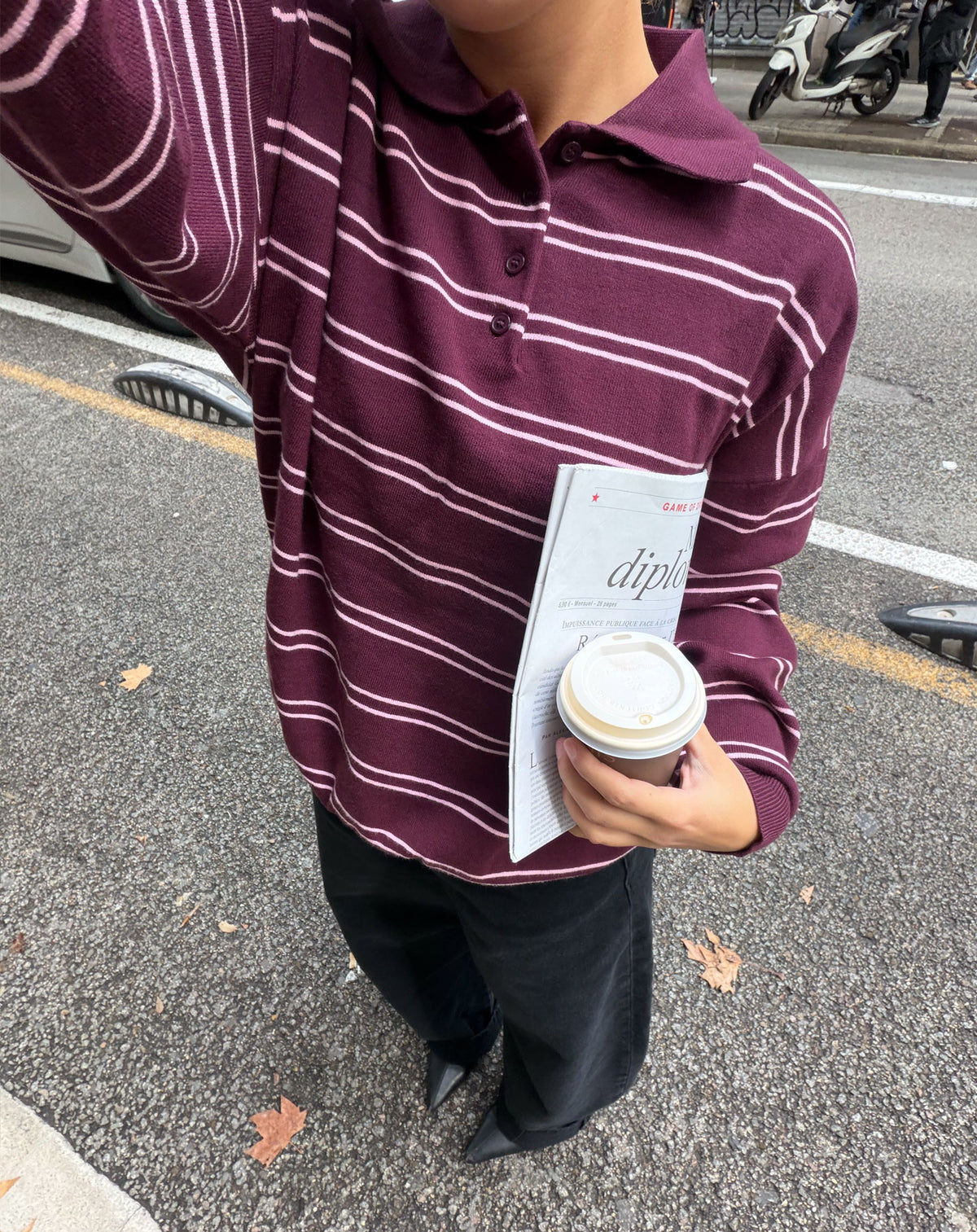 LENNY OVERSIZED POLO KNIT STRIPE BURGUNDY